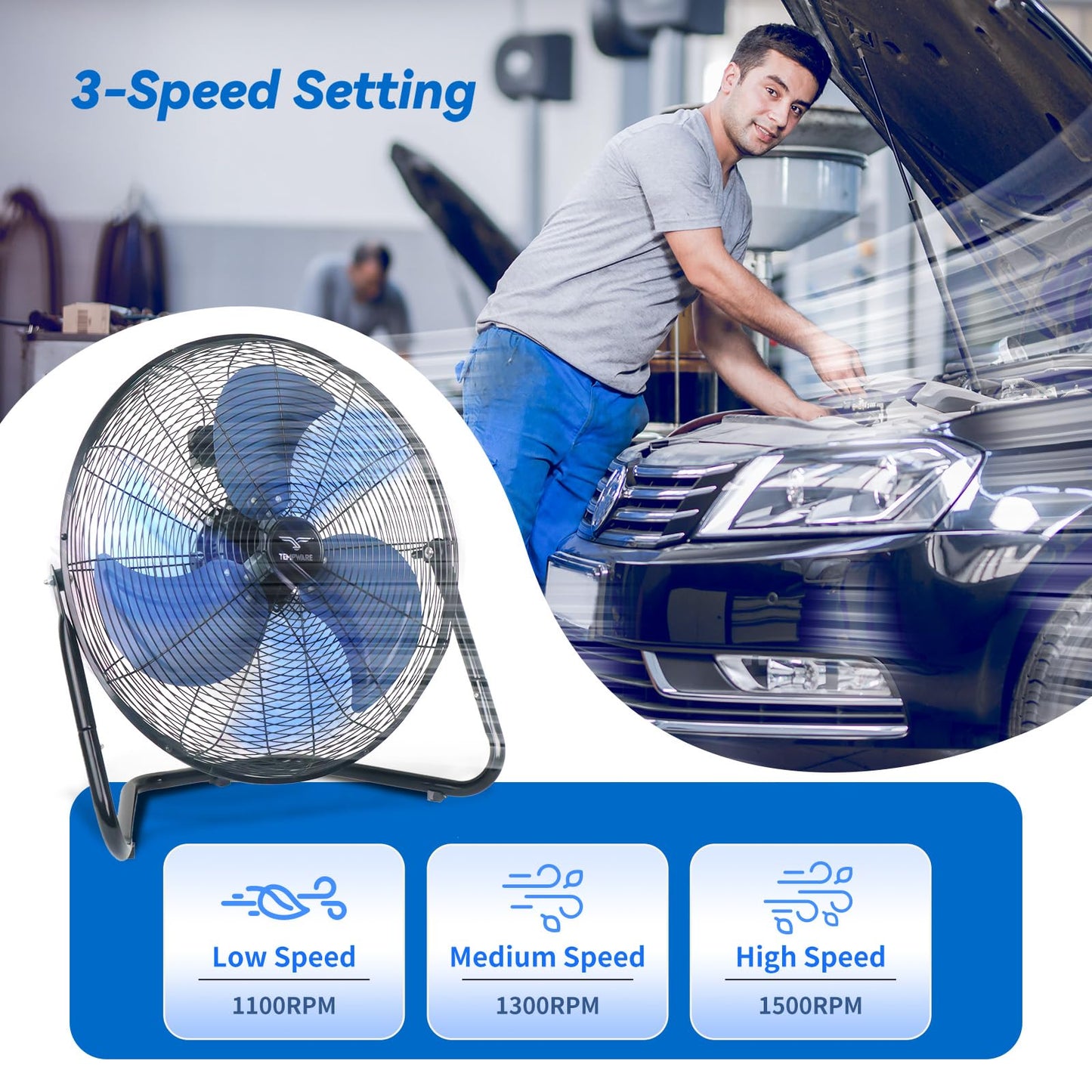 TEMPWARE 20 Inch High Velocity Industrial Floor Fan with 360° Tilt, Blue