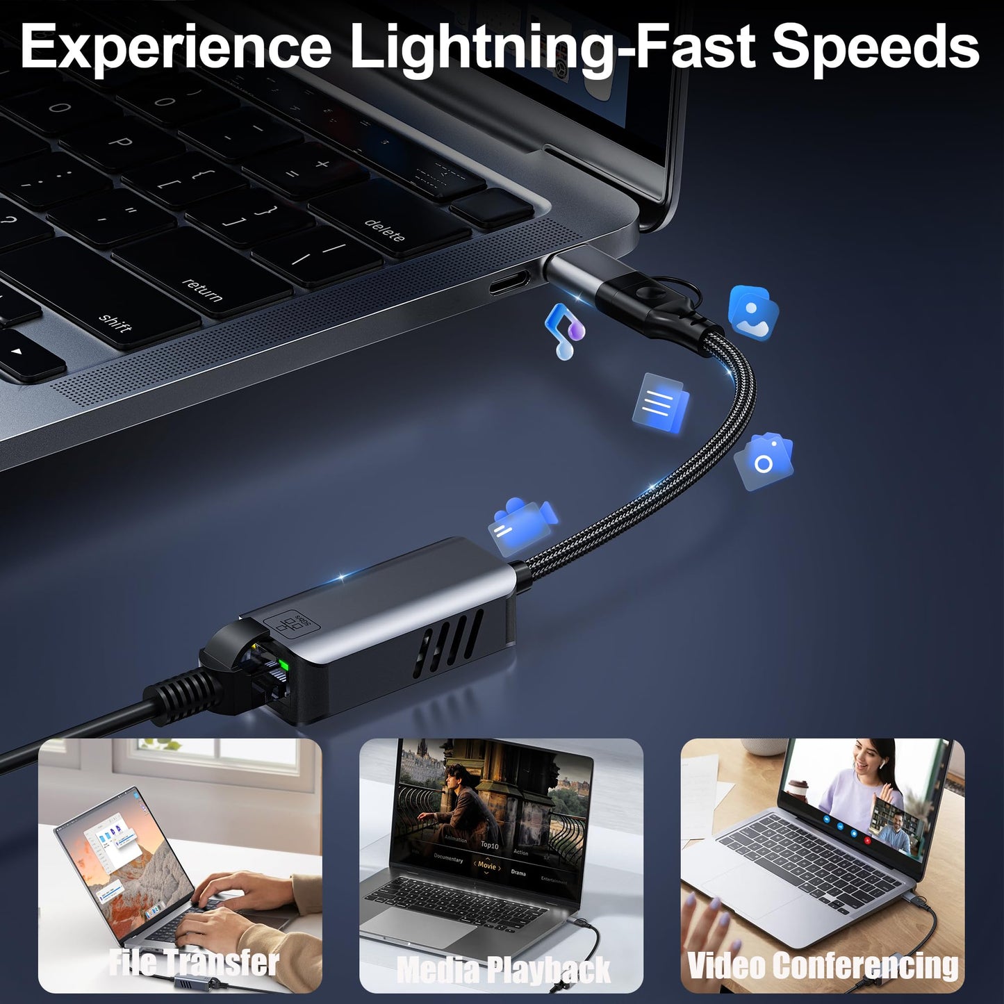 USB C to Ethernet Adapter 5 Gbps, USB-A & USB-C to RJ45 LAN 5000 Mbps Wired Network Converter, USB to Ethernet Adapter Compatible with Thunderbolt