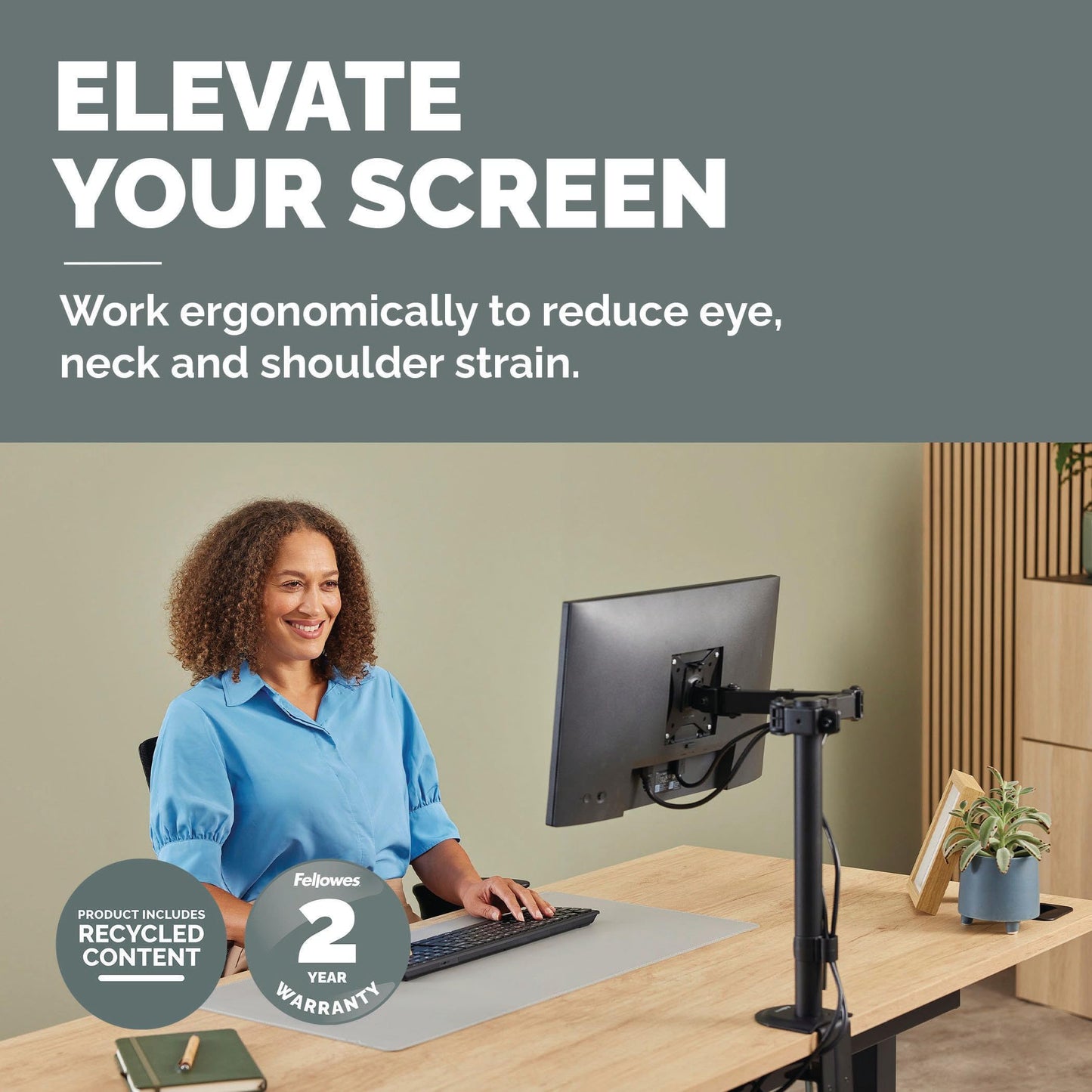 Fellowes Everyday Adjustable Single Monitor Arm - Supports Screens up to 32" Weighing 19.84 lbs, Tilt, Swivel, Rotate, VESA 75/100, Clamp or Grommet