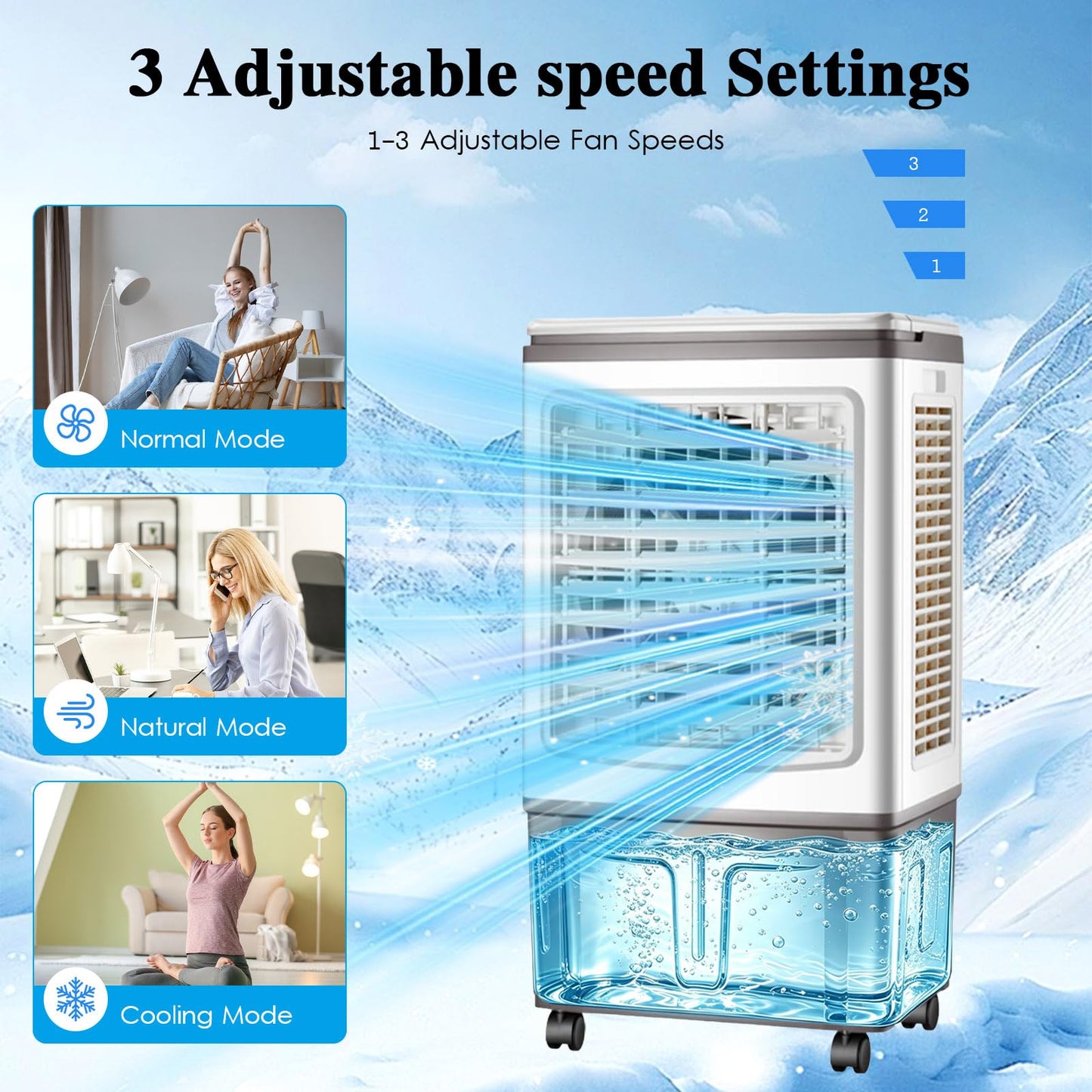 8 Gallon Evaporative Air Cooler Fan with Remote, 4-in-1 Tower Cooler, 2 Ice Boxes, Wide-Angle Airflow for Indoor