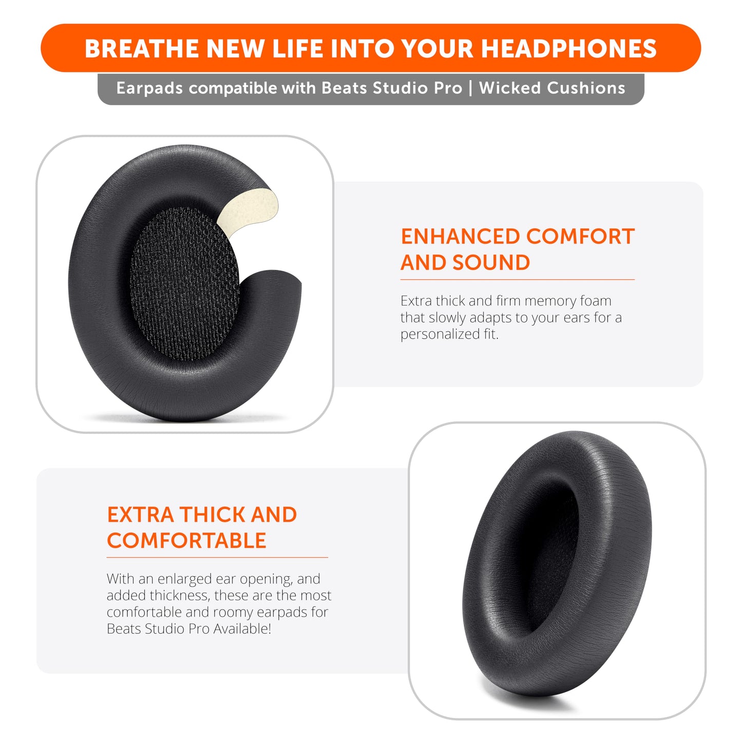 WC PadZ Studio Pro - Extra Thick Earpads for Beats Studio PRO Made by Wicked Cushions | Upgraded PU Leather, Larger Ear Opening, Enhanced Foam | Black