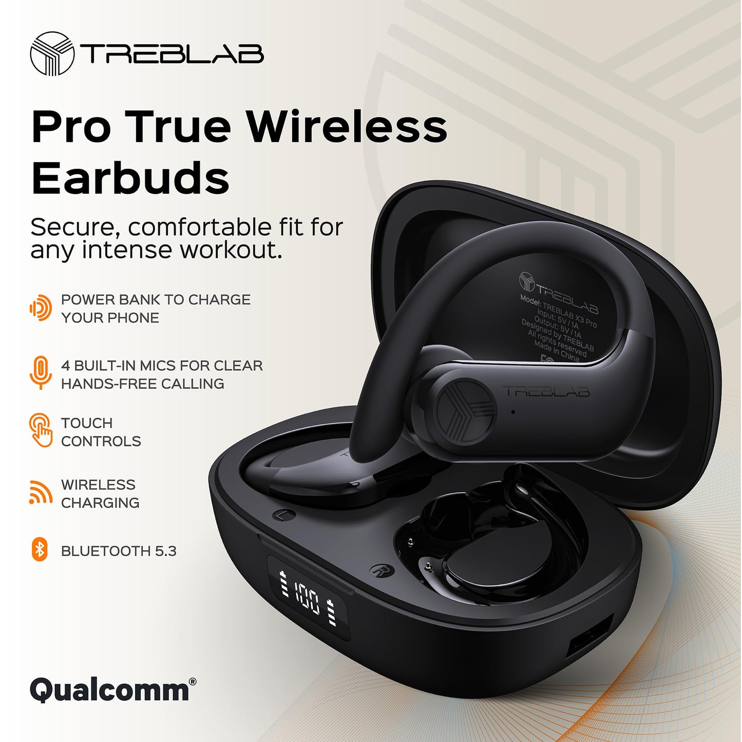 TREBLAB X3-Pro Earbuds Wireless Bluetooth, Earhook 9H Powerbank (Renewed)