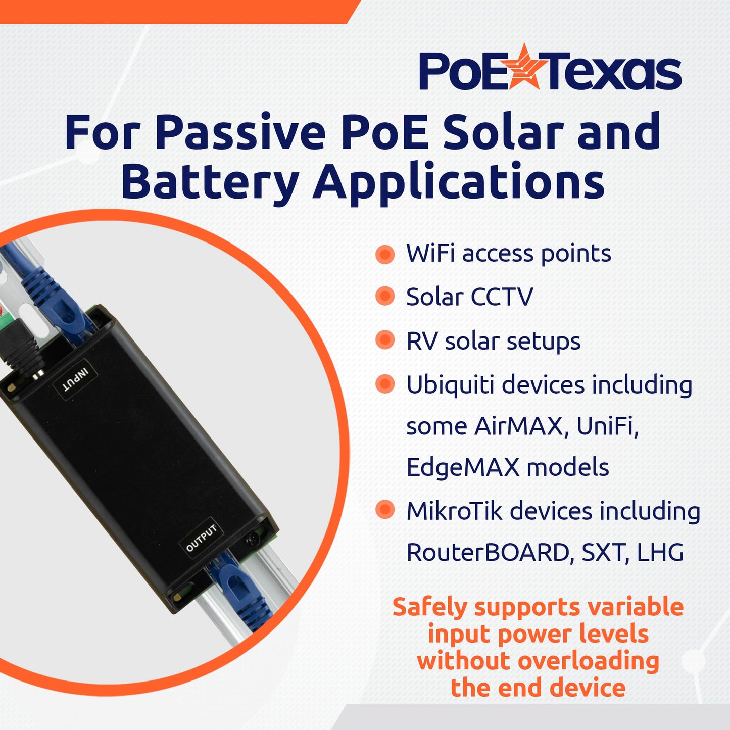PoE Texas 24 Volt Passive PoE Injector (Mode B) - DC-Powered Gigabit Inline Converts 12-60V in to 24 Volt Passive PoE Out Up to 30 Watts - Variable DC