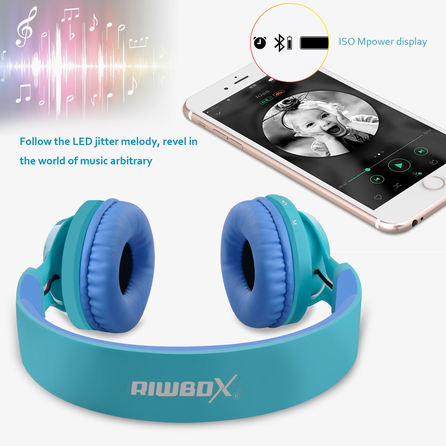 Riwbox WT-7S Kids Bluetooth Headphones, LED Light Up Wireless Foldable Stereo Headset with Microphone and Volume Control for PC/Tablet/TV/Travel…