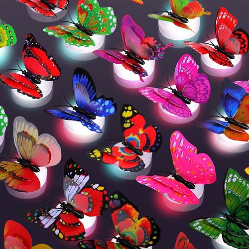 Blcculi 48 Pcs 3D LED Butterfly Decoration - Night Light Sticker Butterflies, Wall Light for Bedroom, Garden, Backyard, Lawn, Party