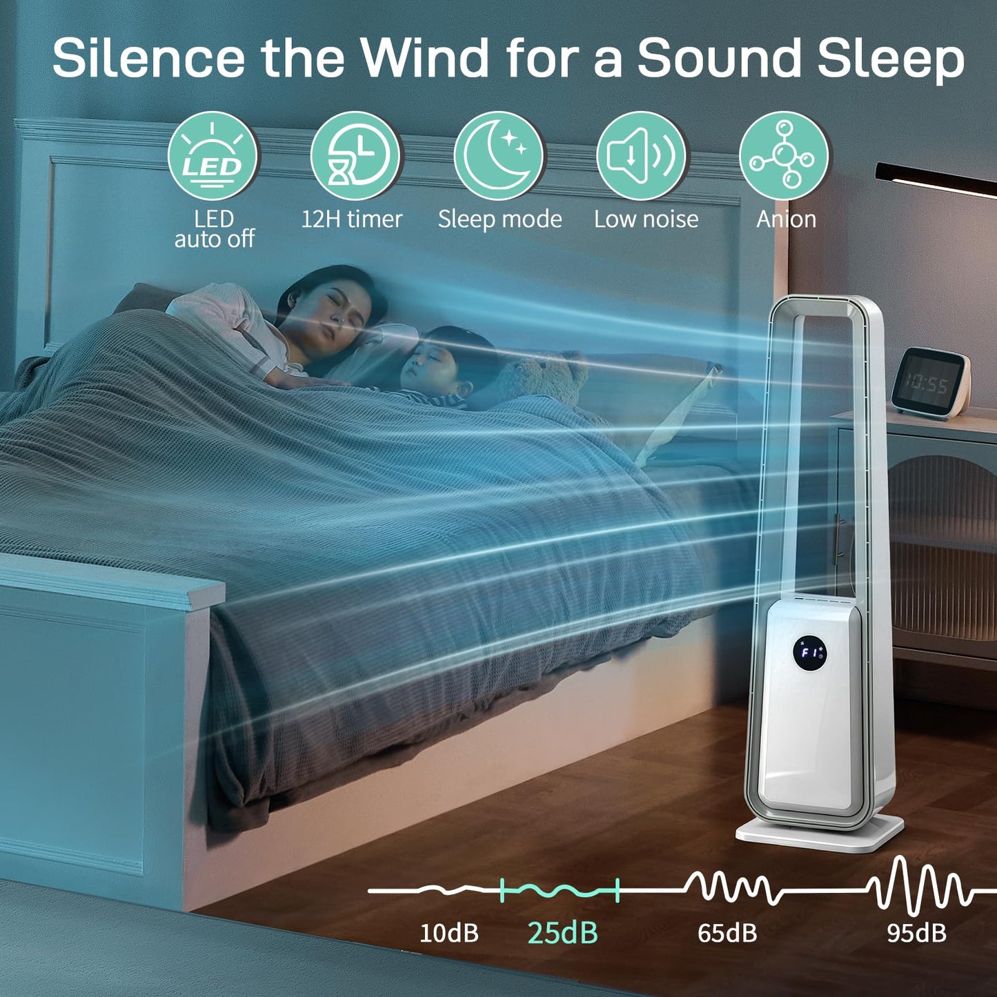 WZONICE98 35 Inch Bladeless Fan 110V 36W Tower Fan with LED Display Remote Control 3 Speeds and 3 Modes 12H Timer Oscillating Air Purification