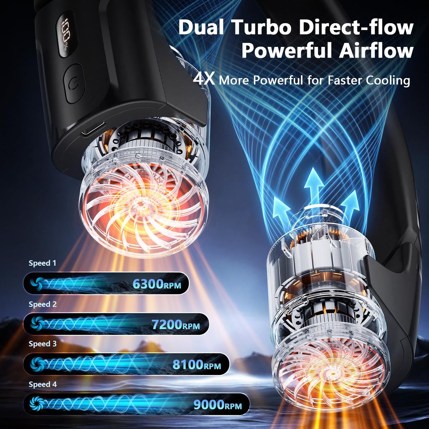 Mavax ChillGo Portable Neck Fan - 8000mAh Personal Wearable Fan, 9000 RPM Direct-flow 4X Powerful 360° Airflow Cooling Fan, Max 16H, 4 Speeds, LED