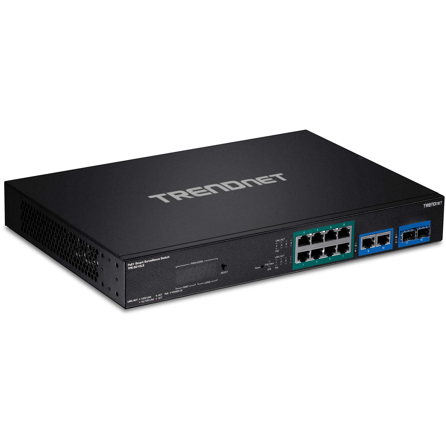 TRENDnet 12-Port Gigabit PoE+ Smart Surveillance Switch, TPE-3012LS, 8 x Gigabit PoE+ Ports, 2 x Gigabit Ports, 2 x SFP Slots, 110W PoE Budget