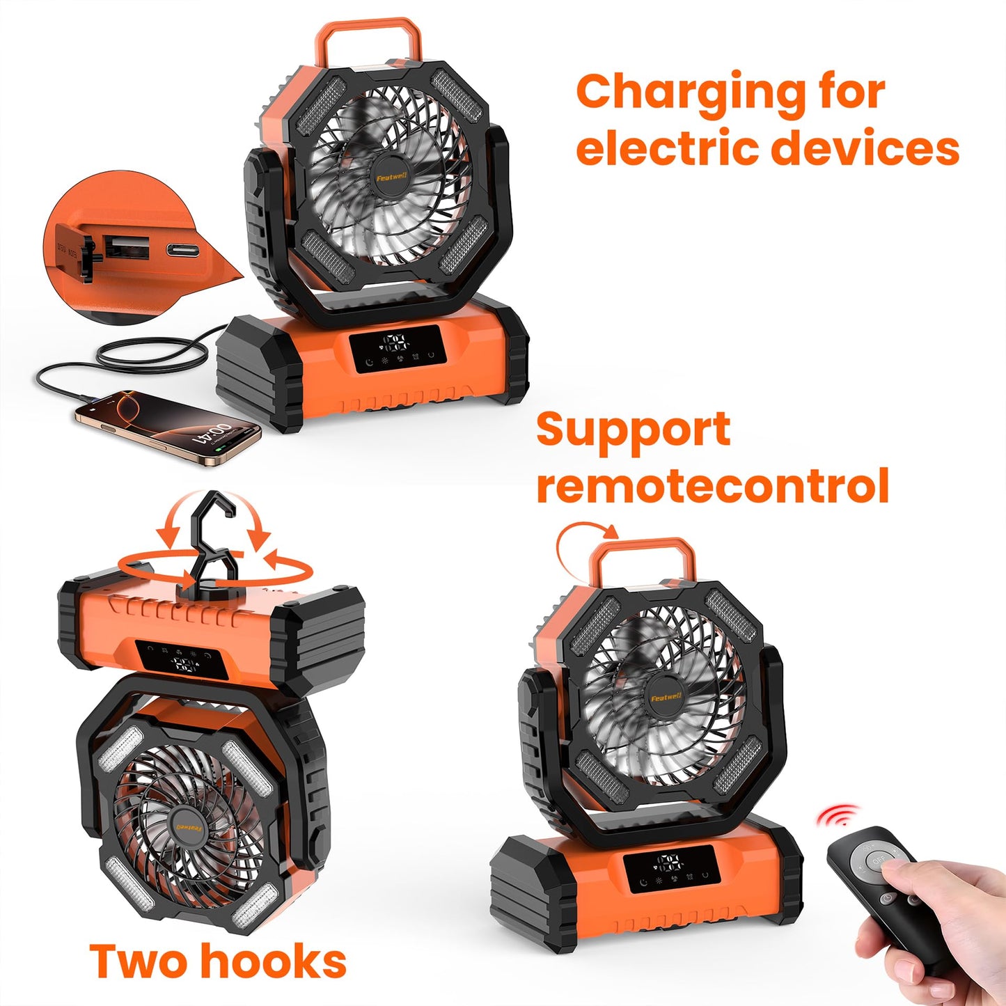 Featwell Camping Fan with Touchscreen & Built-in Light, 20000mAh Portable Fan with 5 Speeds Powerful Airflow, Ventilador Recargable for Tent, Camping