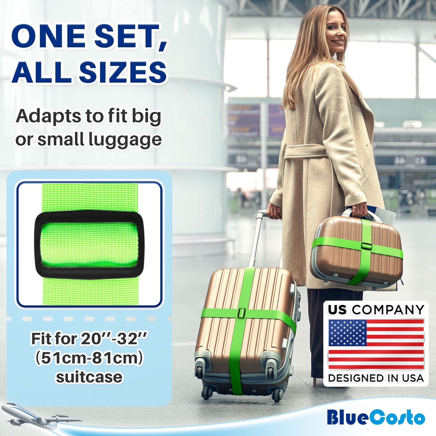 TSA Approved Luggage Straps – 4 Pack Neon Green Adjustable Nylon Suitcase Belts for Travel Bags, Briefcases & Checked Luggage (46"-78")