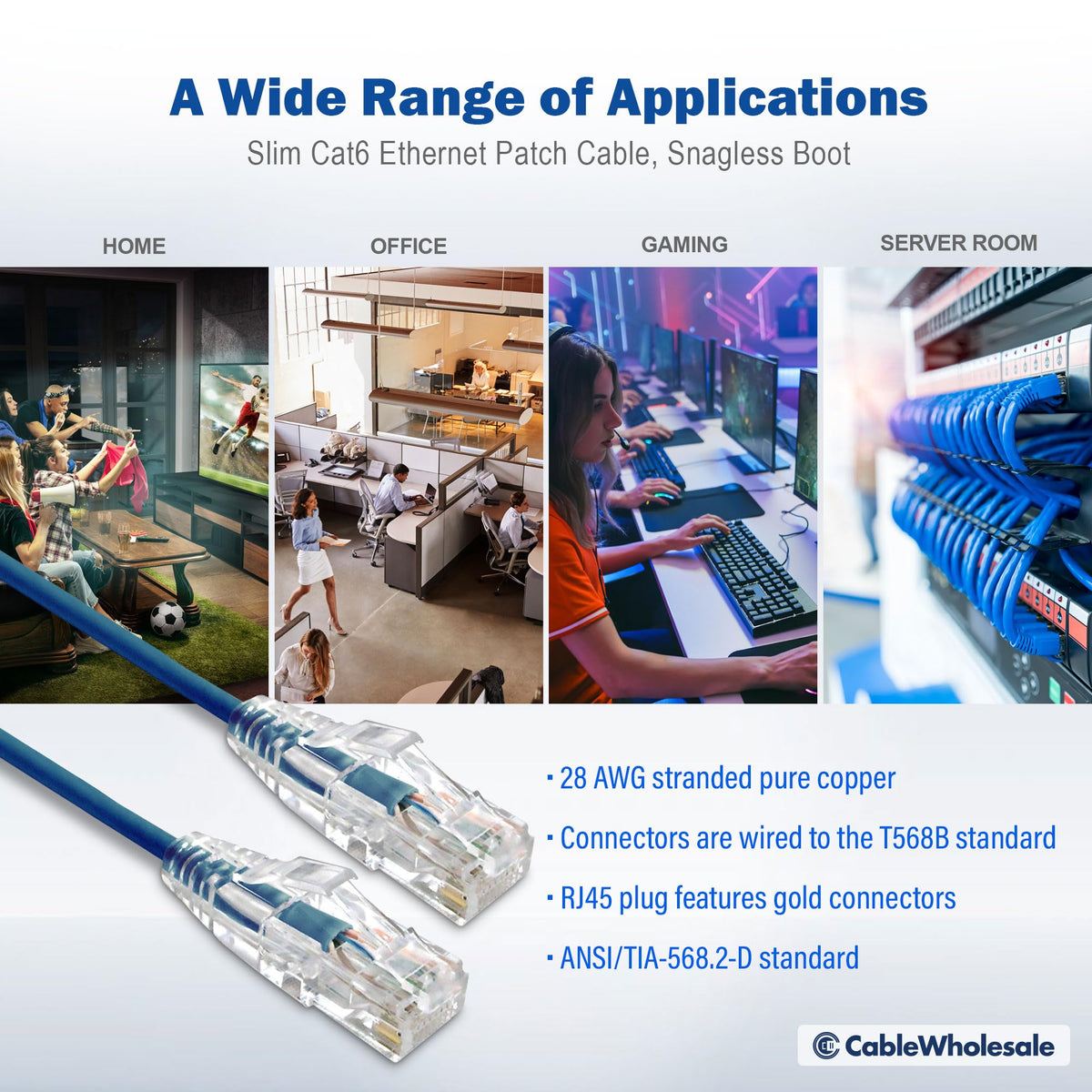 CableWholesale Cat6 Slim UTP Ethernet Cable, 28 AWG, PoE+, 20 ft, Blue