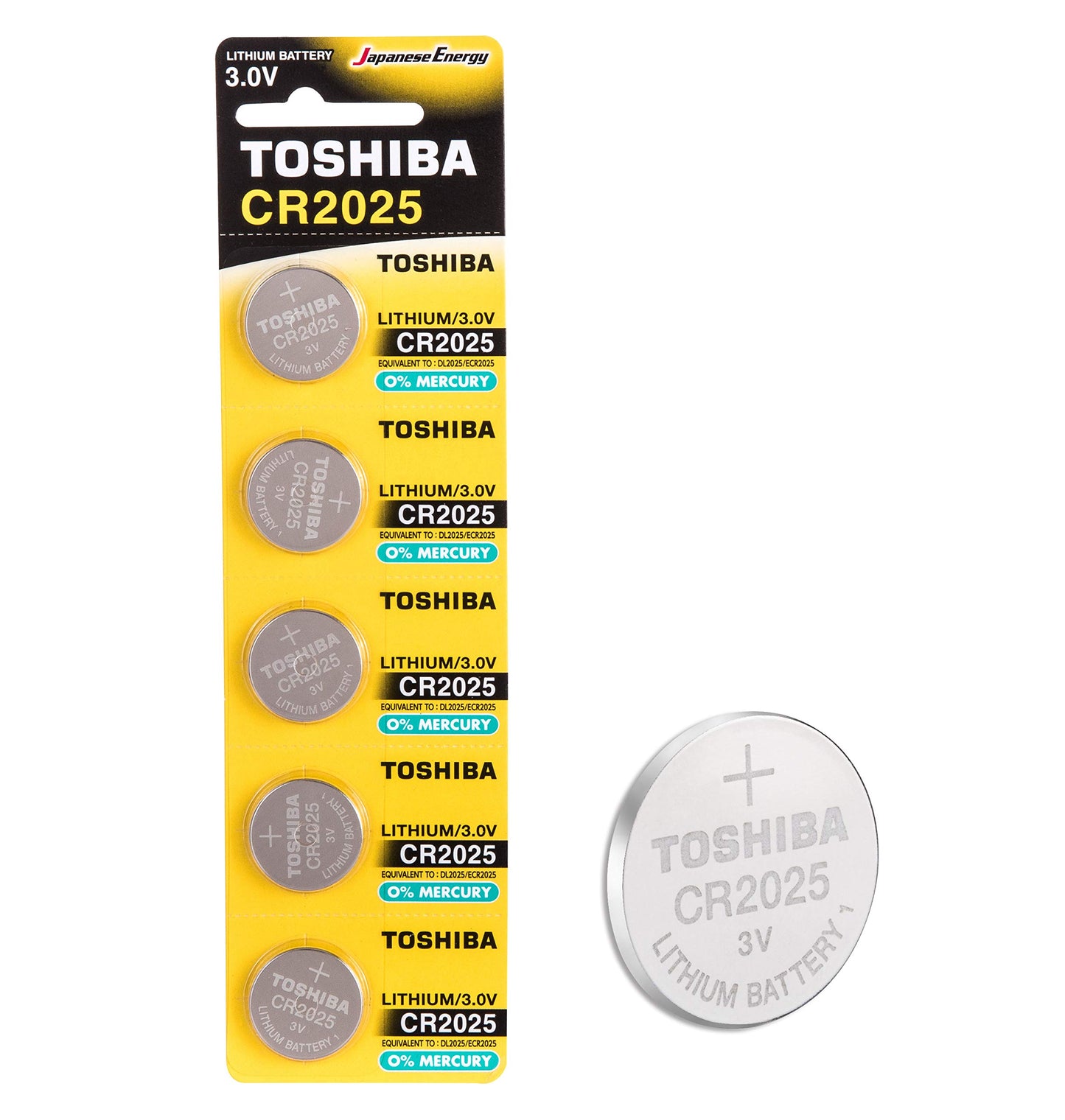 TOSHIBA CR2025 3V Lithium Coin Cell Battery Pack of 5