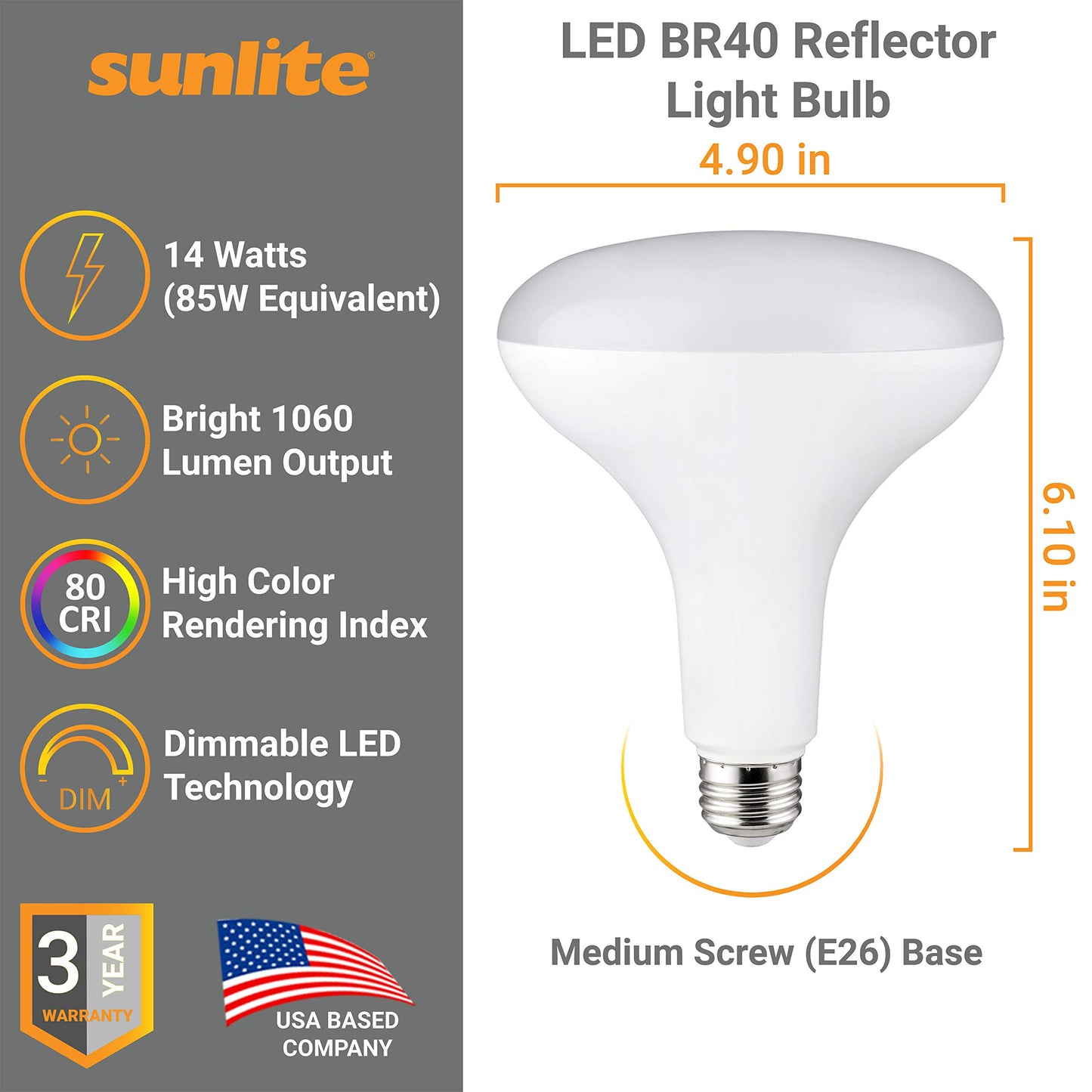 Sunlite 41191 LED BR40 Recessed Light Bulb, 14 Watt (85W Equivalent), 1060 Lumens, Medium Base (E26), Dimmable, Flood, UL Listed, 6500K - Daylight, 6