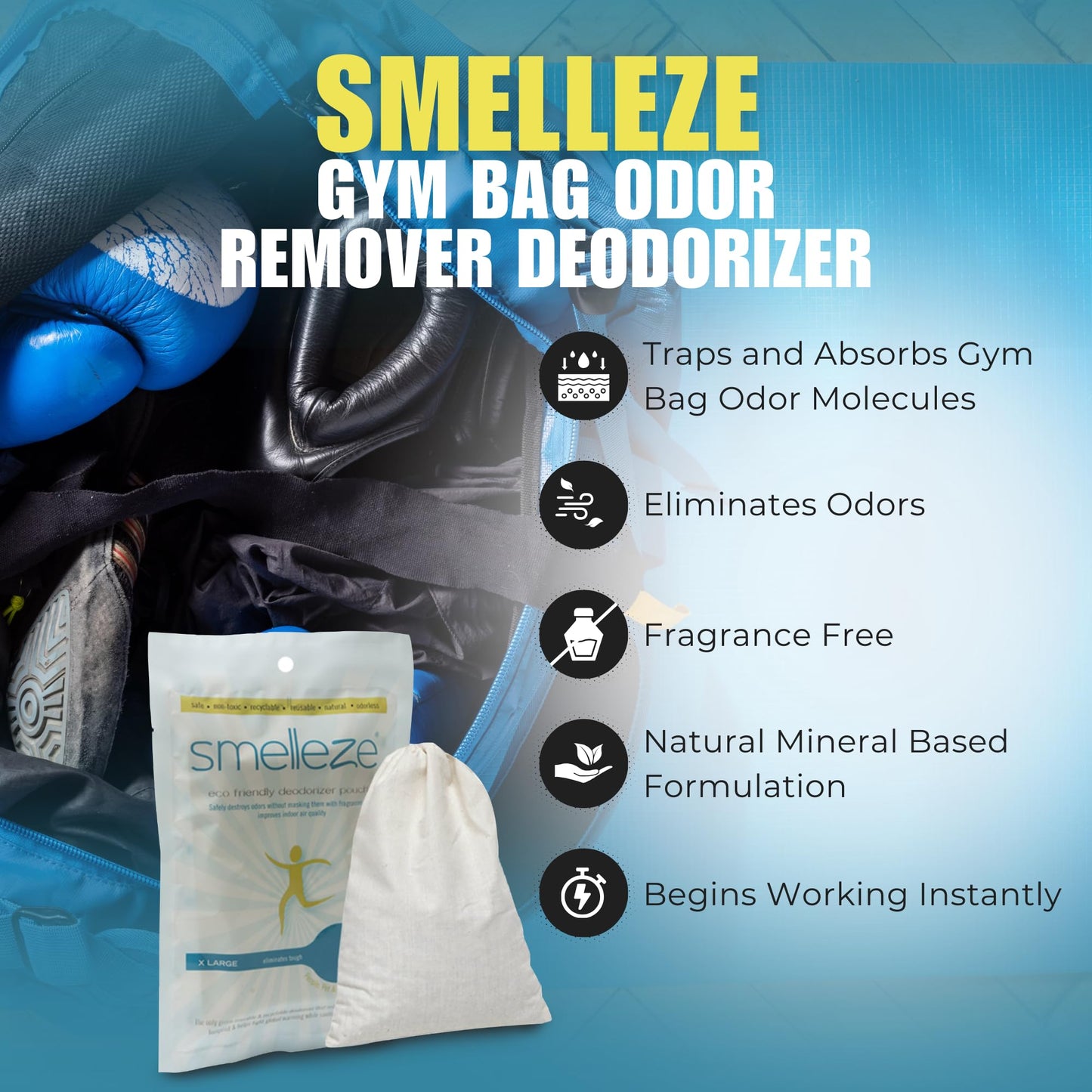 SMELLEZE Reusable Gym Bag Odor Remover Deodorizer Pouch: Gets Stink Out From Any Bag Without Scents