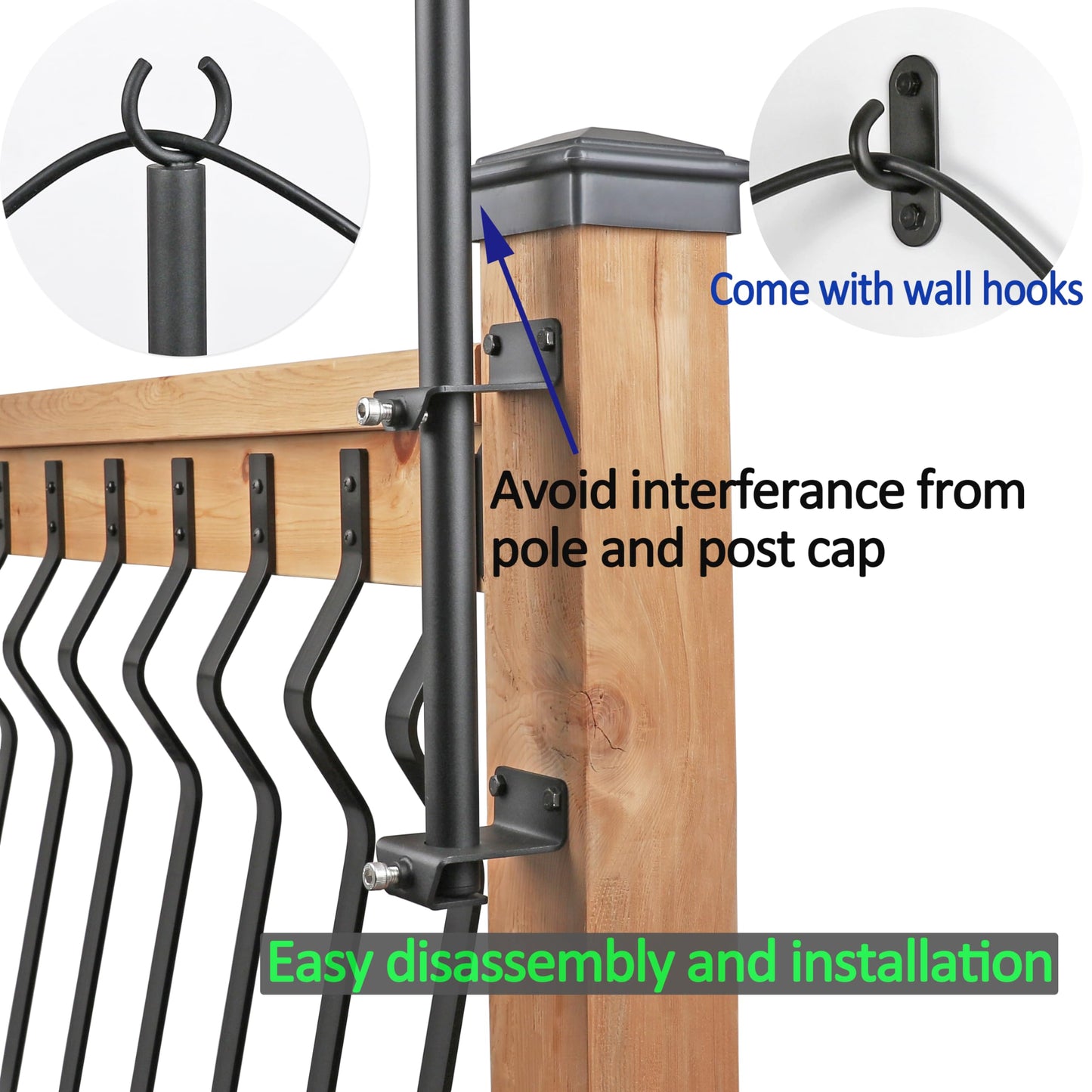 Antsky 2 Pack String Light Poles - Stainless Steel 6.5FT Deck Lights Poles with 2 Wall Hooks for Outdoor Light, String Lights, with SS Screws for Wood