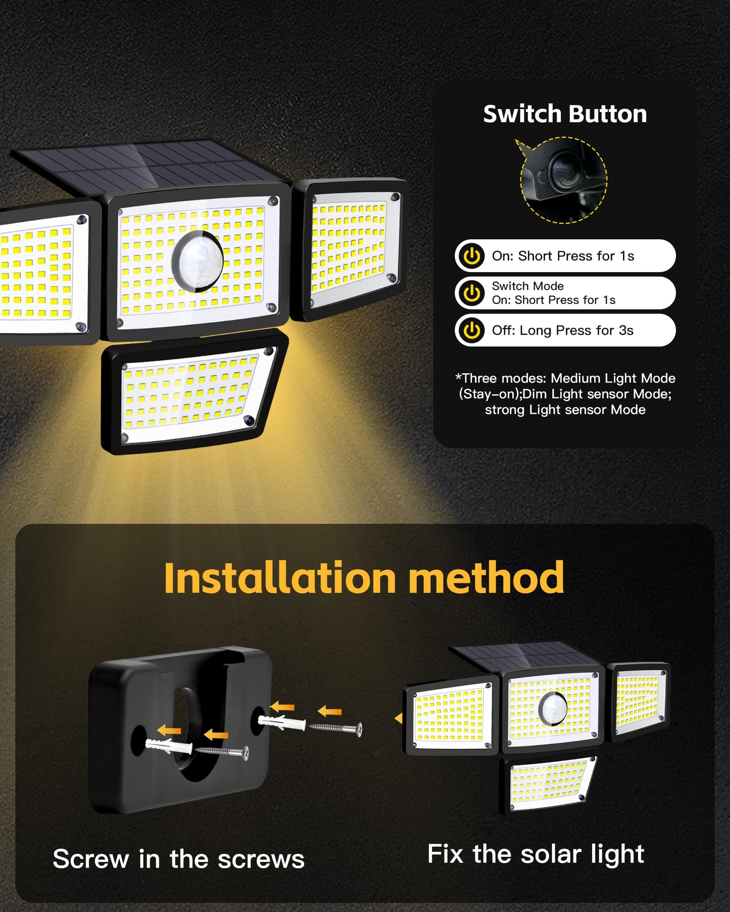 FAXBOX 4 Heads Sensor Lamp Solar, Motion Sensor Outdoor Lights 3000LM, 283 LED,6500 K, Motion Sensor, IP65 Waterproof, 270° Wide Angle, Security