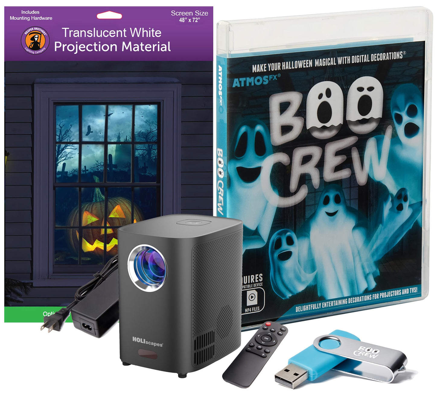 HoliScapes® USB Projector Kit - AtmosFx Boo Crew USB + Projector + 48" x 72" Large White Holographic Screen for Halloween Projection