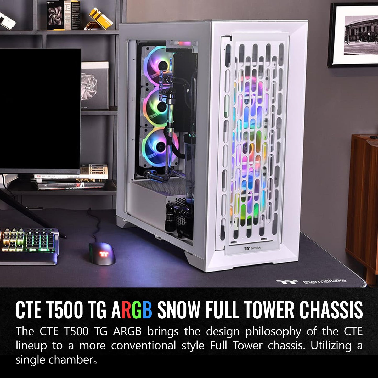 Thermaltake CTE T500 TG ARGB Snow E-ATX Full Tower with Centralized Thermal Efficiency Design; 3x140mm White CT140 ARGB Fans Pre-Installed; Tempered