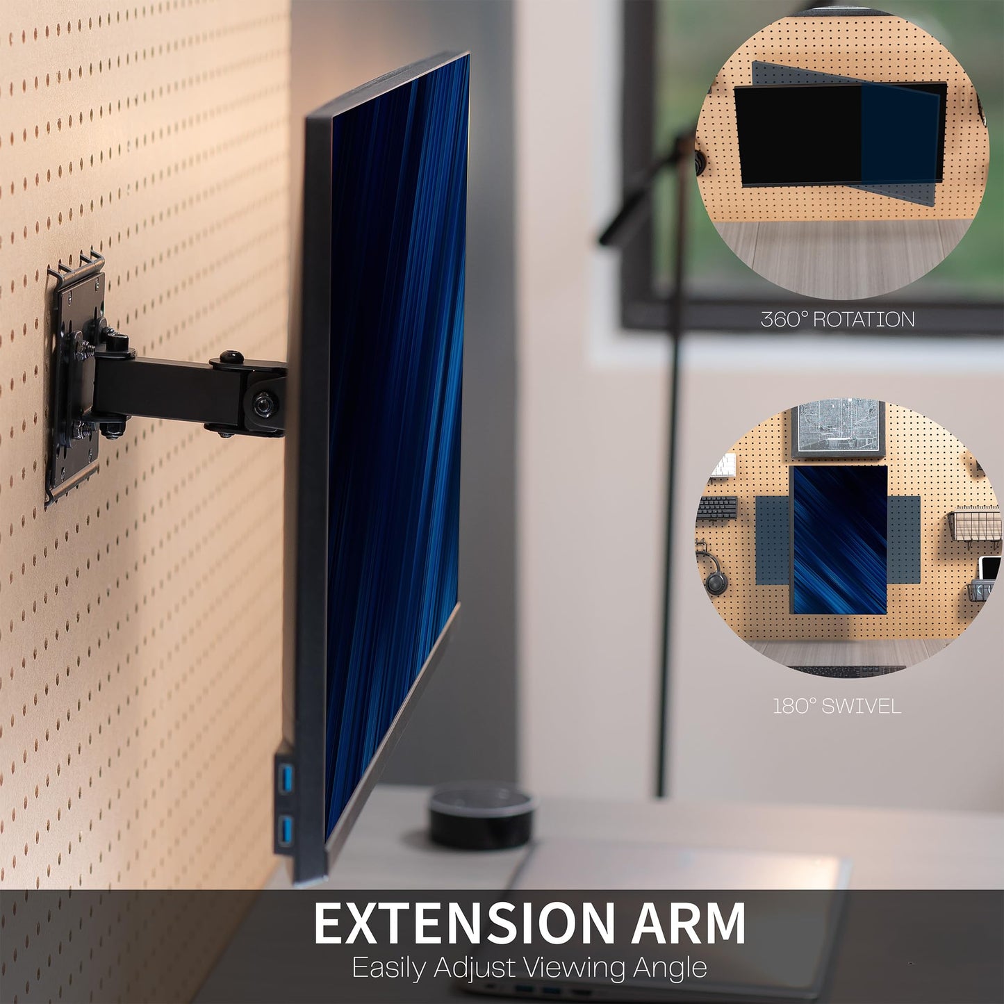 VIVO Articulating Single Monitor Pegboard Mount with Arm, Fits Screens up to 32 inches and Peg Boards up to 0.25 inches Thick with 1 inch Hole