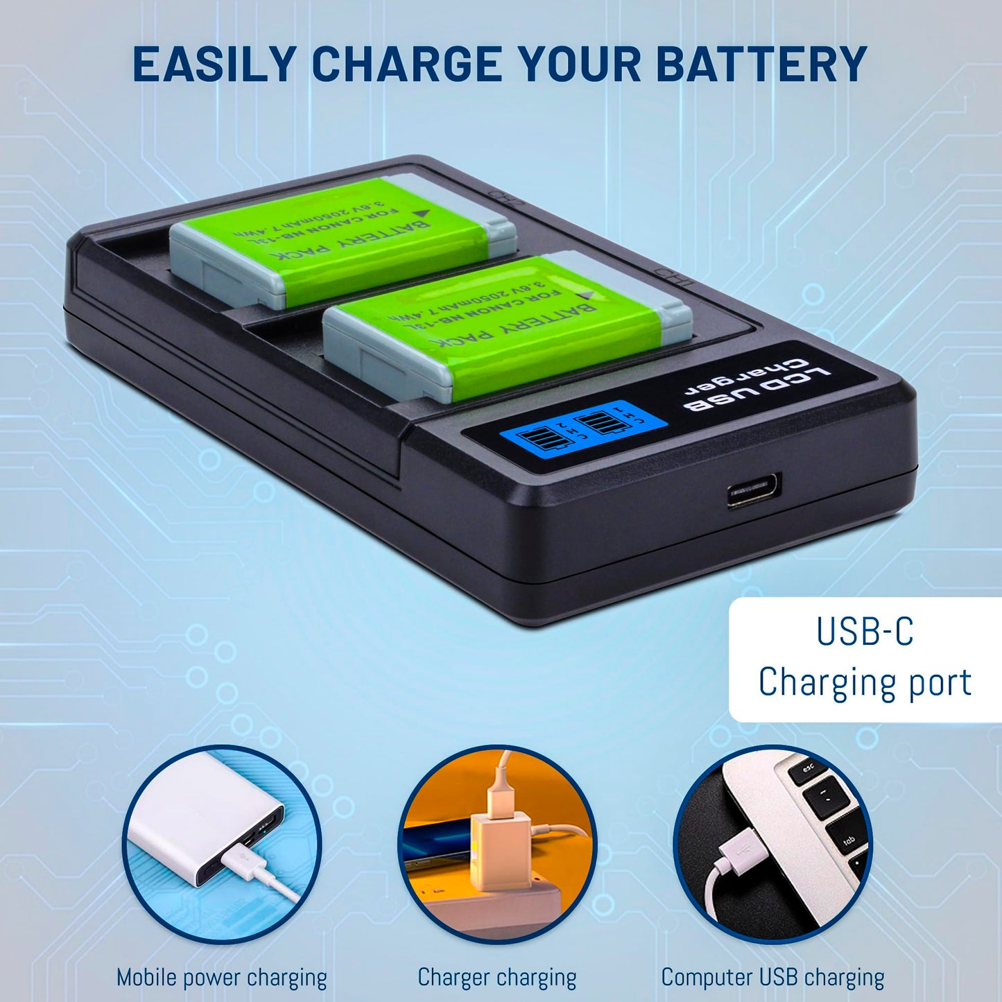 2-Pack NB-13L Battery with USB-C Dual Charger Compatible with Canon PowerShot G7 X Mark II, G7 X, G1 X Mark III, G5 X, G5X Mark II, G9 X, G9 X Mark