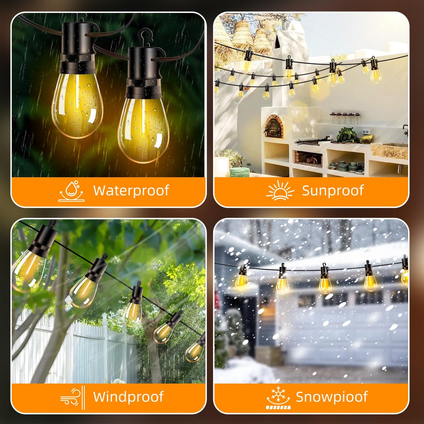 VOZUJI Outdoor Patio String Lights: S14 Shatterproof Bulb Outside Waterproof Light - 50FT 15M Remote Dimmable Connectable Hanging Outdoor Electric