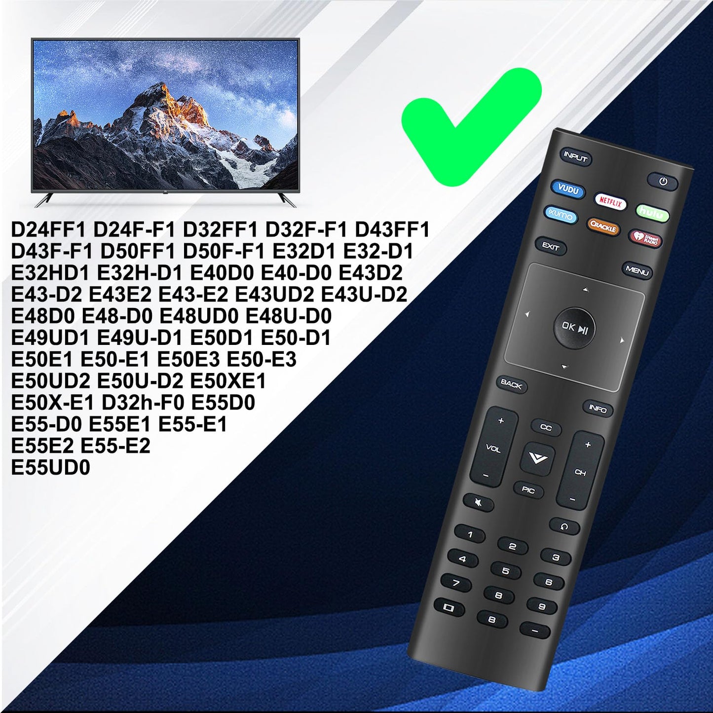 XRT136 for Vizio Smart Tv Remote, for Vizio Remote Smart Tv D50x-G9 D65x-G4 D55x-G1 D40f-G9 D43f-F1 D70-F3 V505-G9 D32h-F1 D24h-G9 E70-F3 D43-F1