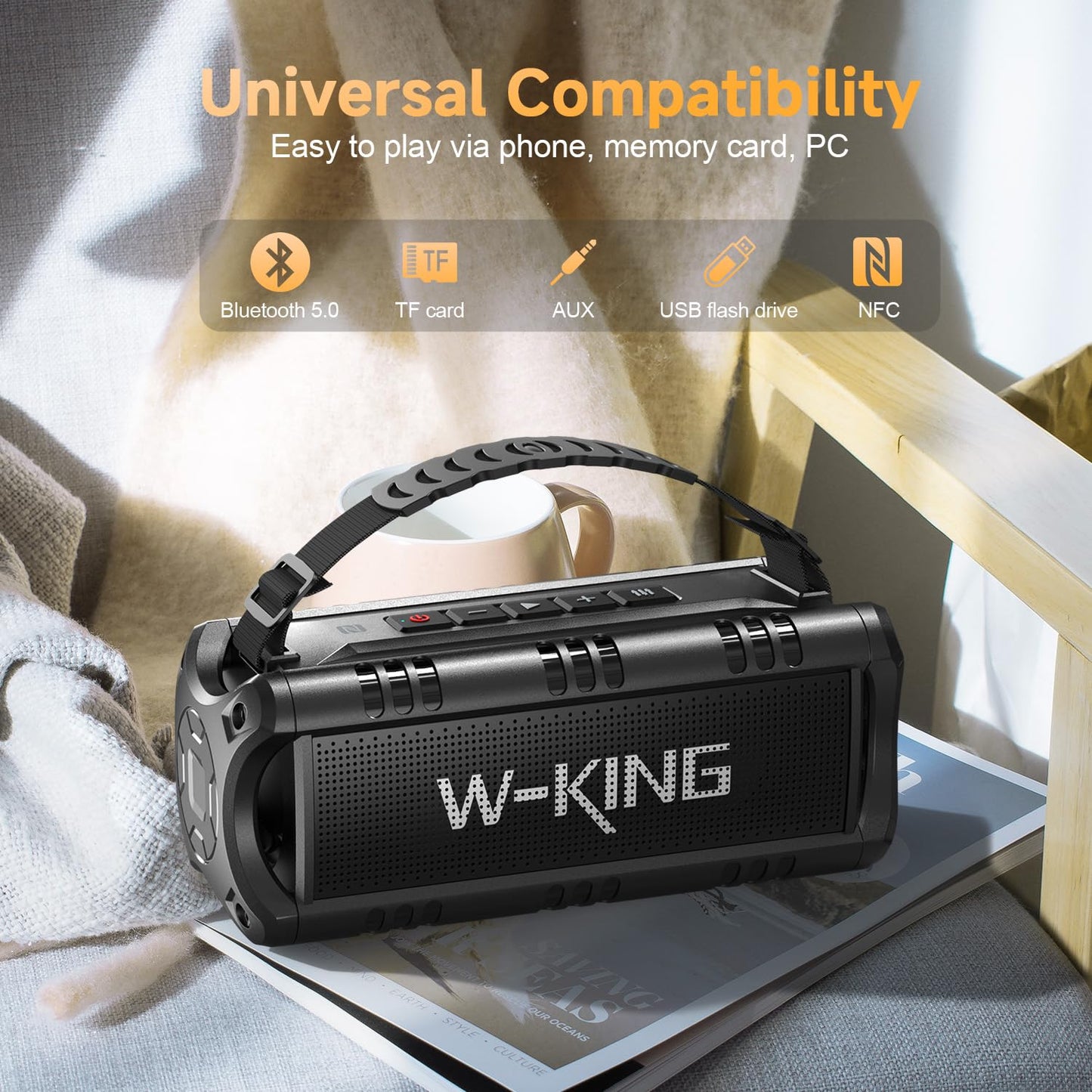 W-KING Portable Bluetooth Speakers Wireless, (60W Peak) 30W RMS IPX6 Waterproof Outdoor Loud Speaker Boombox, 24H, EQ, AUX, TF Card, USB Playback