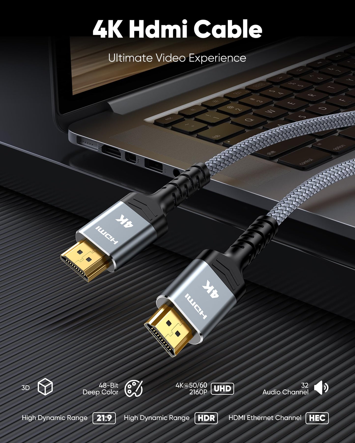 Highwings 4K HDMI Cable 6.6FT/2m | High-Speed HDMI 2.0 Quality Cord 4K@60Hz, Braided Nylon & Gold Connectors, HDR, Ethernet, ARC, 3D, HDCP 2.2