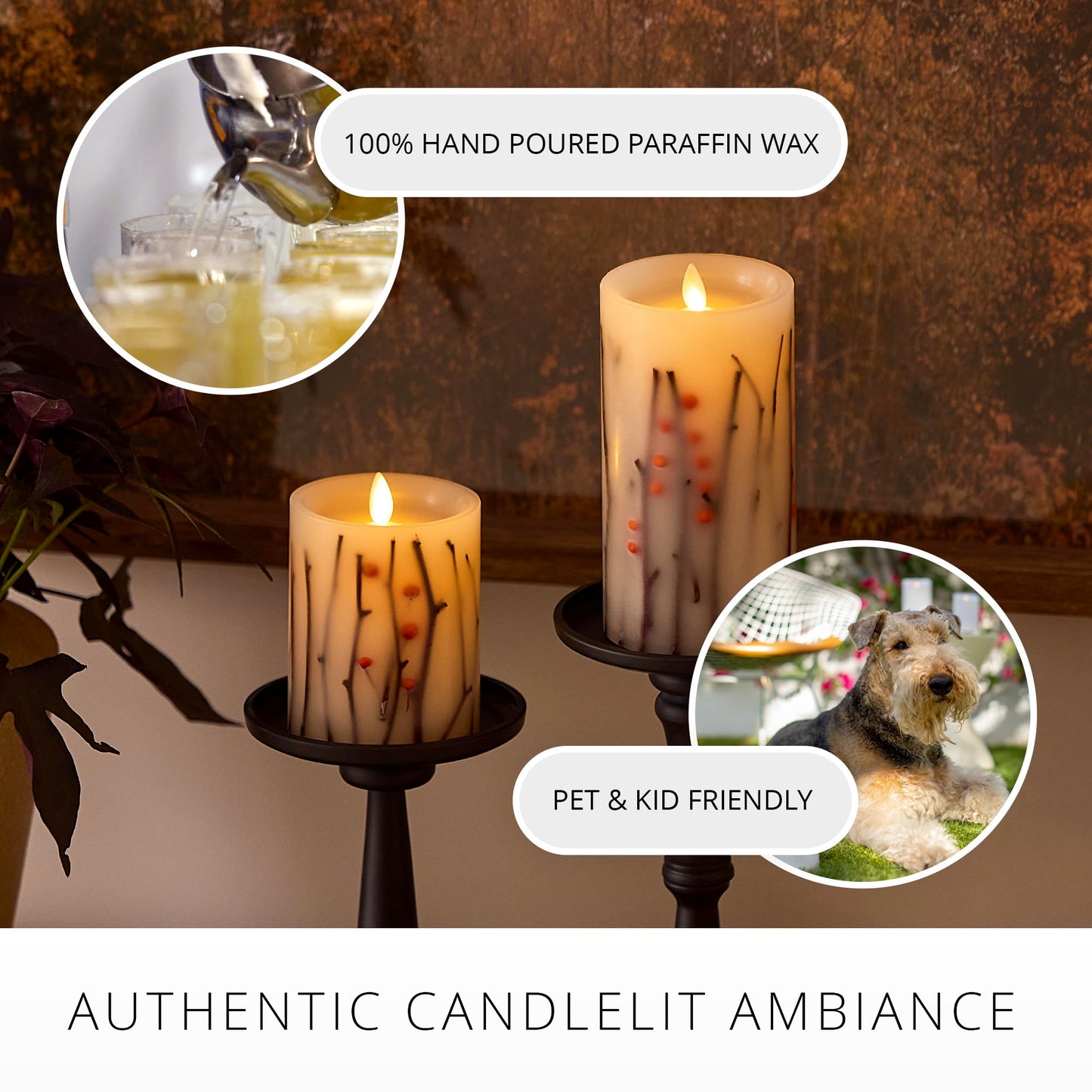 Luminara Embedded Flameless LED Candle Orange Berries & Twigs Pillar 3.2" x 4.5" - Moving Flame Pillar, Battery Operated Timer, Real Wax, Unscented