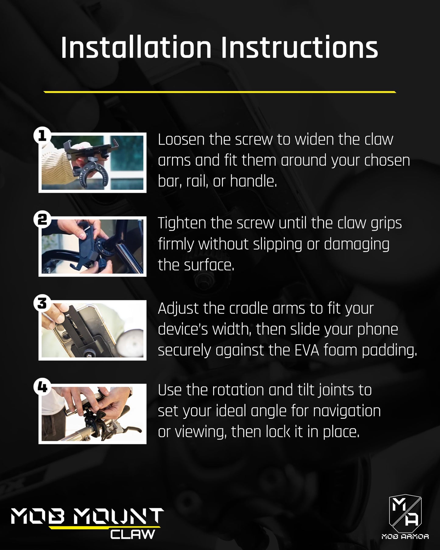 Mob Armor Mob Mount Claw with 360° Rotation - Universal Phone Mounting Clamp for Motorcycle, Jeep, Dirt Bike, Car, ATV, Boat, Truck, Emergency Vehicle