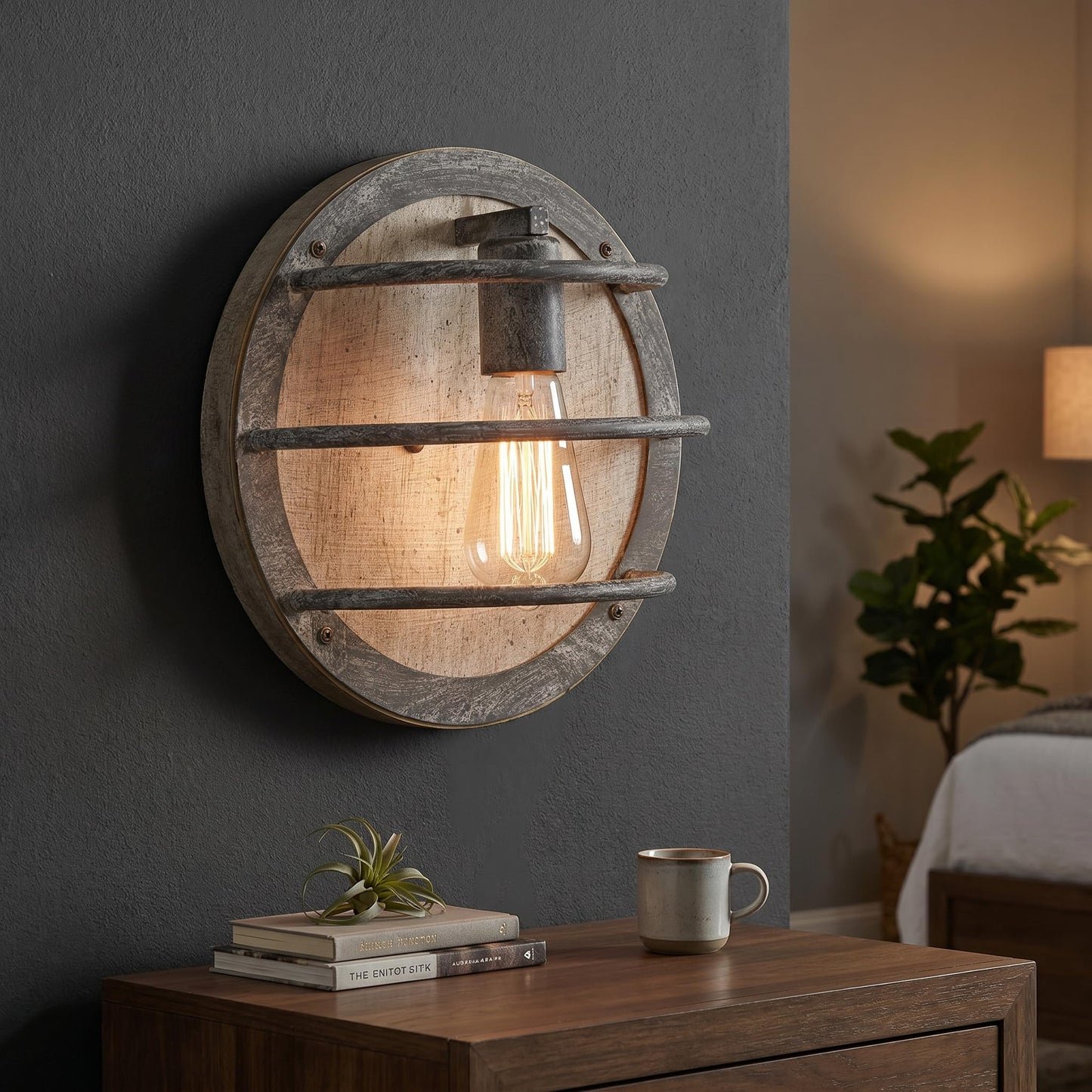 DAYCENT Farmhouse Wall Sconce Retro Rustic Wood Wall Light Fixtures 1-Light Industrial Caged Sconces Lighting for Bedroom Hallway Kitchen Corridor