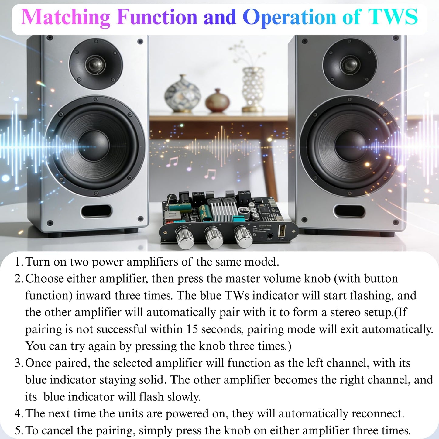 ZK-1001U Mono Amplifier Board, 100W Bluetooth5.3 Amplifier with TPA3116D2 Chip, Mini Amplifier with TWS Stereo Pairing, Treble and Bass for Home Audio