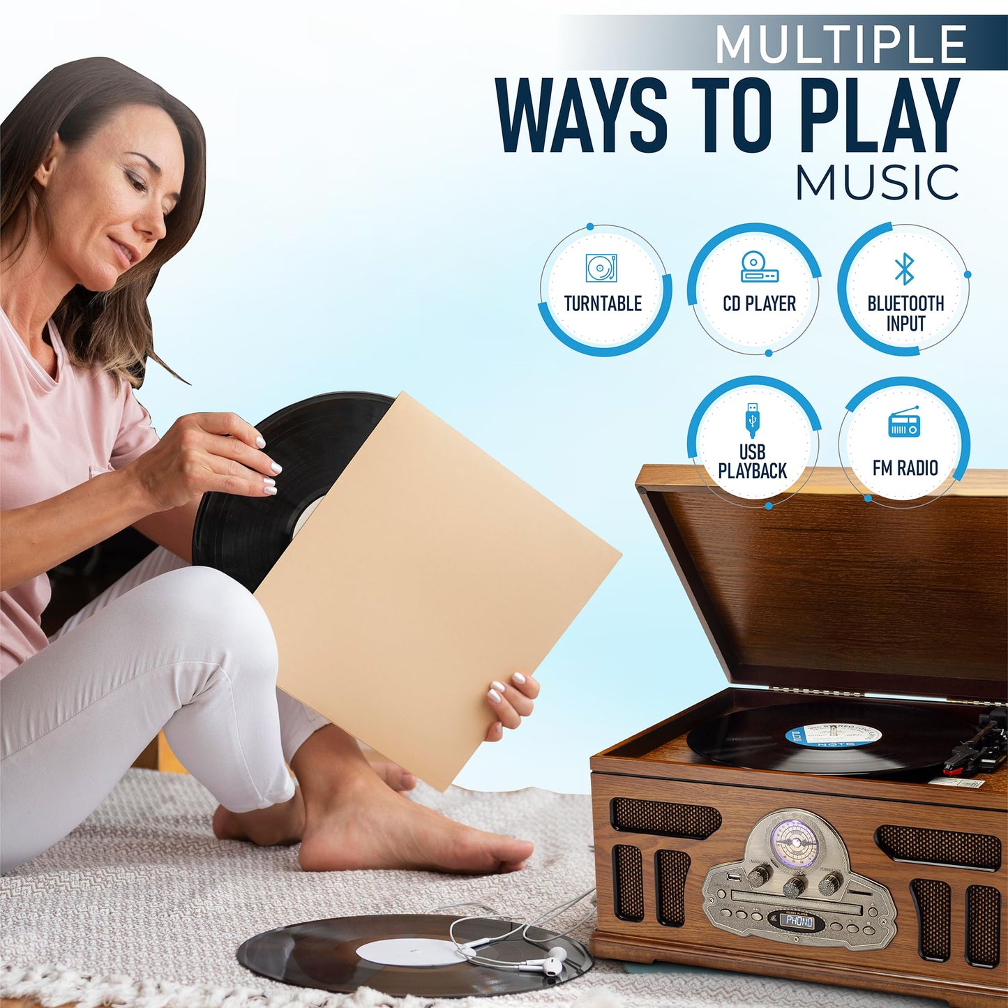 SoundBeast All-in-One Turntable with 3-Speed Record Player, Bluetooth, CD, Cassette Tape, AM/FM Radio, USB, Built-in Speakers, Handmade Wooden