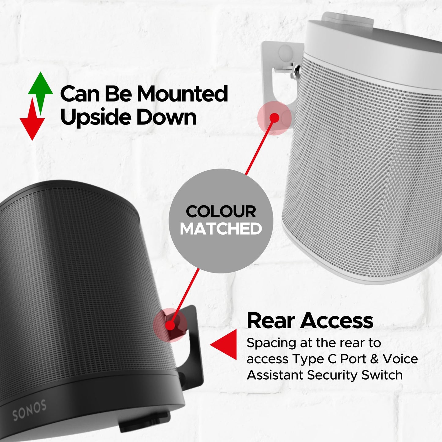 Sound Bass 2 x ONE, ONE Gen 2, ONE SL, Play:1 Wall Mount Bracket, Twin Pack, Black, Compatible with Sonos ONE, ONE Gen 2, ONE SL & Play 1