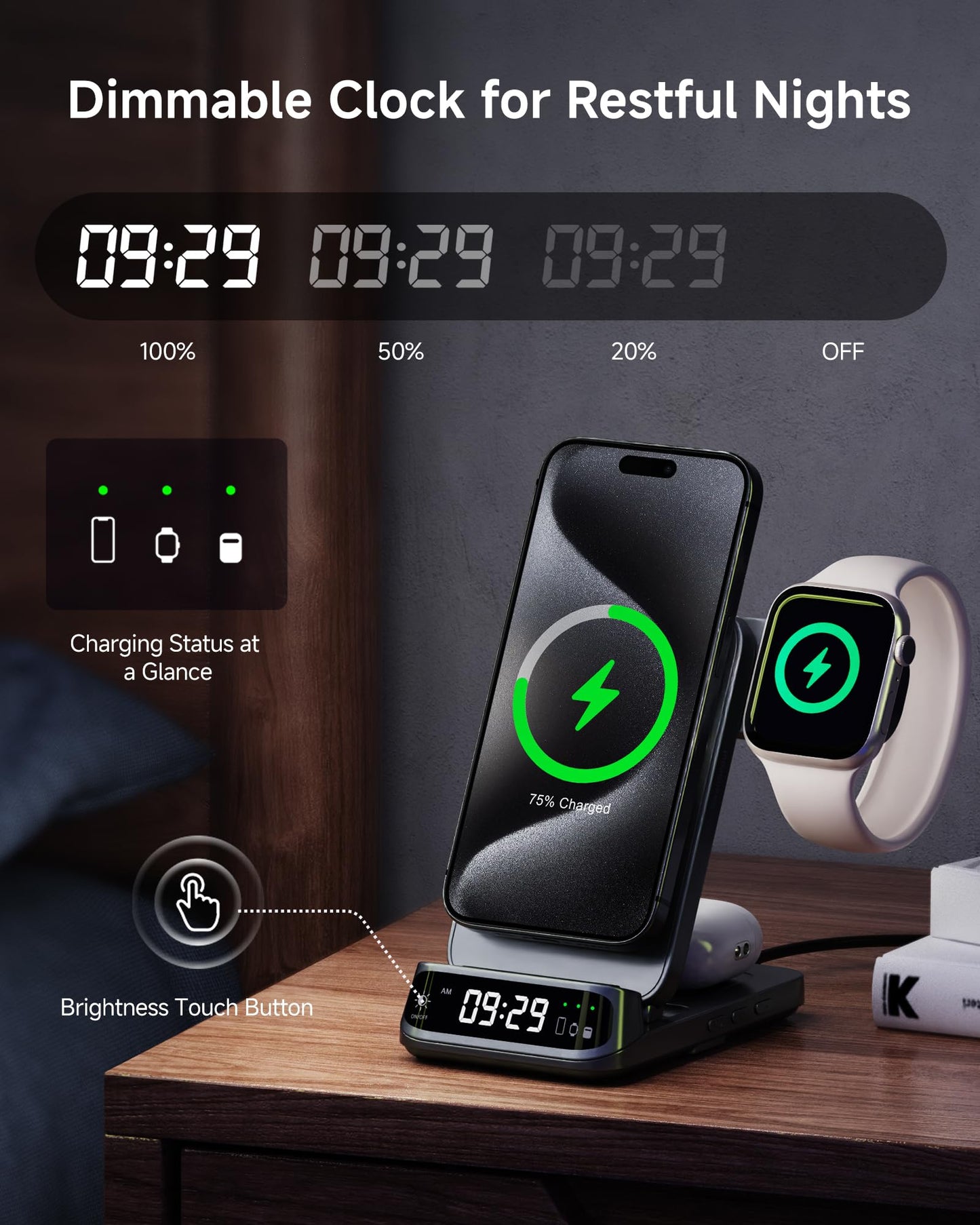 MagSafe Charger Stand with Dimmable Clock, Foldable 3 in 1 Magnetic Wireless Charging Station for iPhone Air/17/16/15 Series, Apple Watch & AirPods
