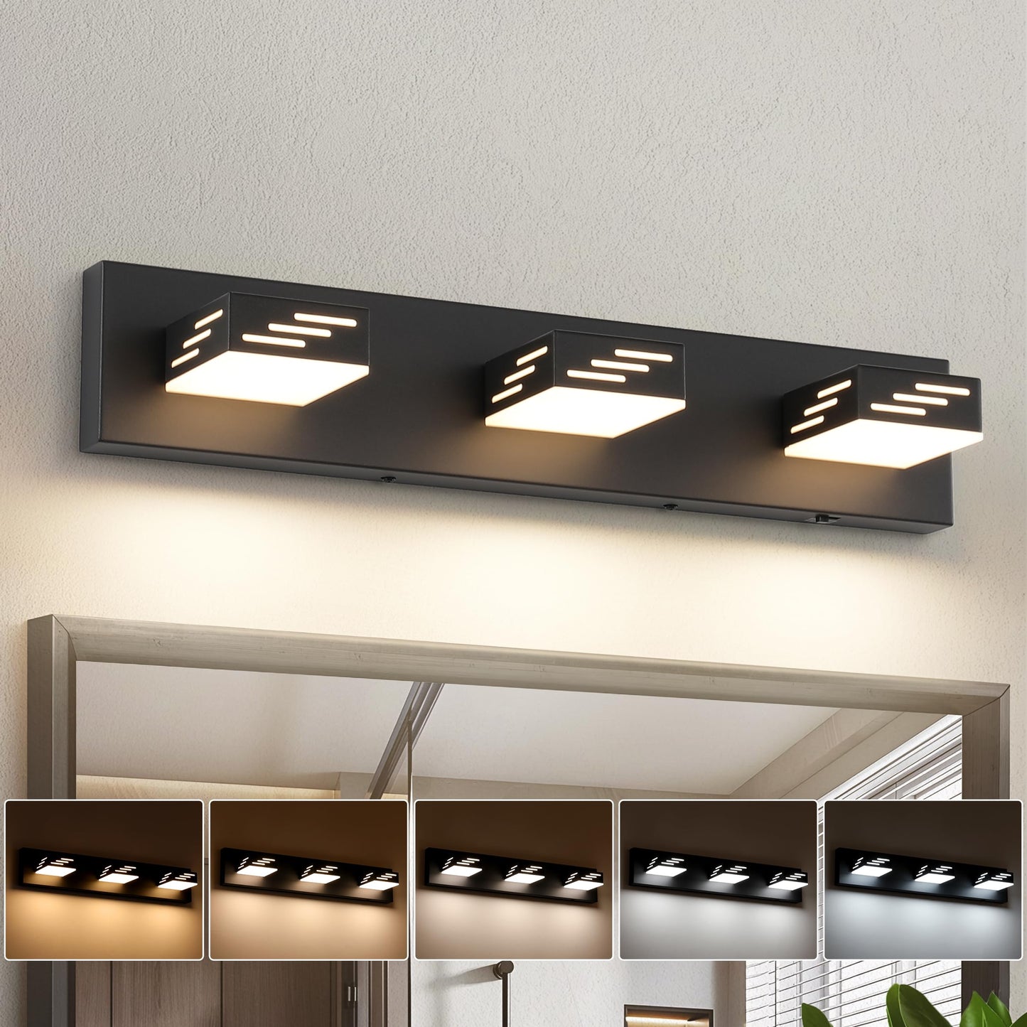 Joosenhouse 3-Light Black Bathroom Vanity Light, 5CCT Dimmable Bathroom Lighting fixtures, LED Vanity Lights Above Mirror 23.6 Inch 24W Makeup Mirror