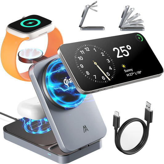 3 in 1 Charging Station, Magsafe Qi2 Wireless Charger Stand, Foldable Wireless Charging Station Compatible with Your Apple iPhone 16/15/14/13/12