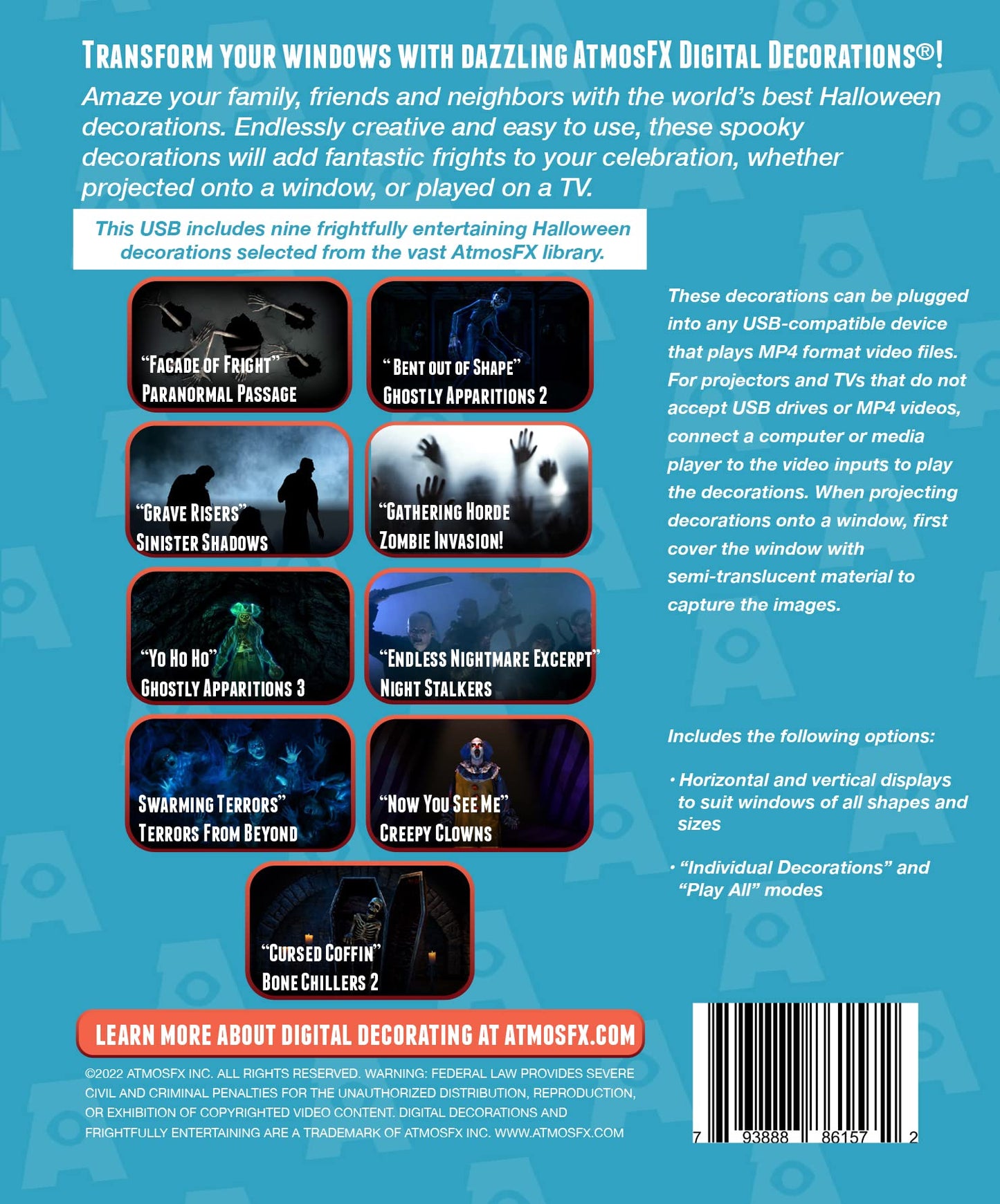 Reaper Brothers Spooky Halloween Digital Decoration Kit Includes 9 AtmosFX Video Effects for Halloween Plus HD Super Bright Projector and 48” x 72”