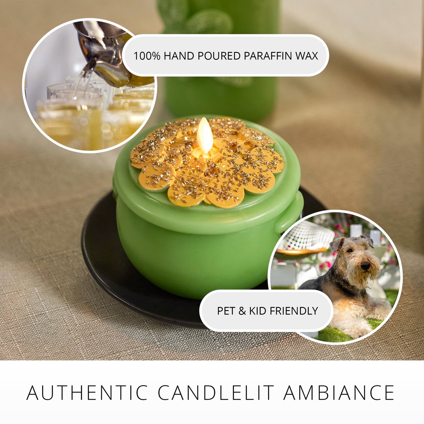 Luminara Lucky Green Pot of Gold Candle - Flickering Real-Flame Technology- Flameless LED- Remote Ready- Classic Green St. Patrick's Day- 4.8" x 4.3"