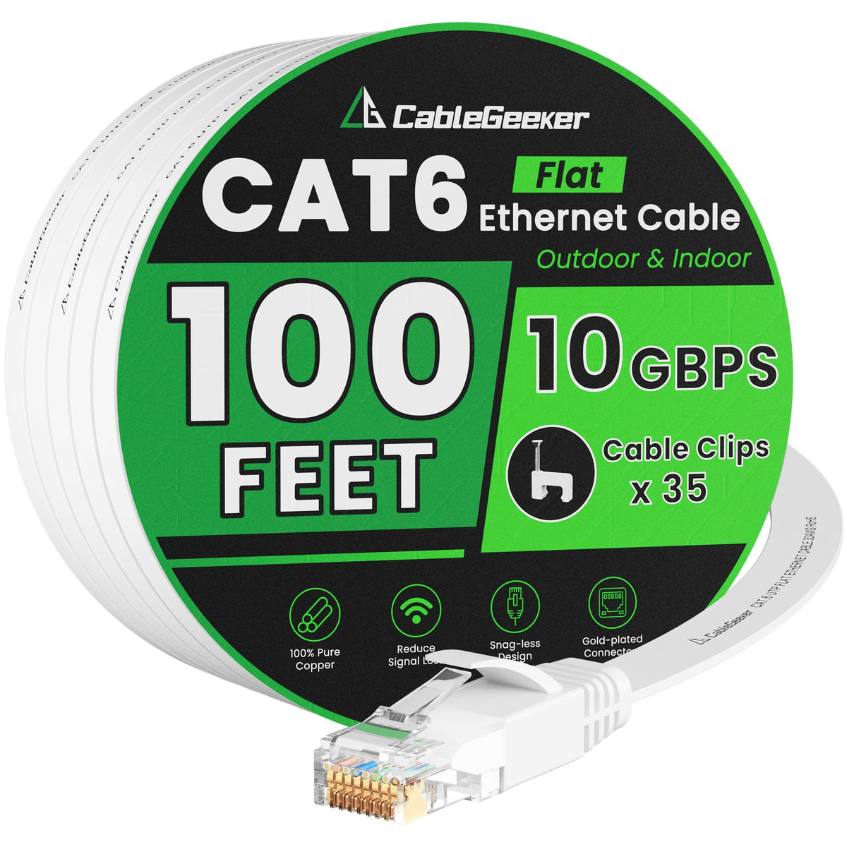 CableGeeker Cat 6 Flat Ethernet Cable 100ft, 10Gbps, White
