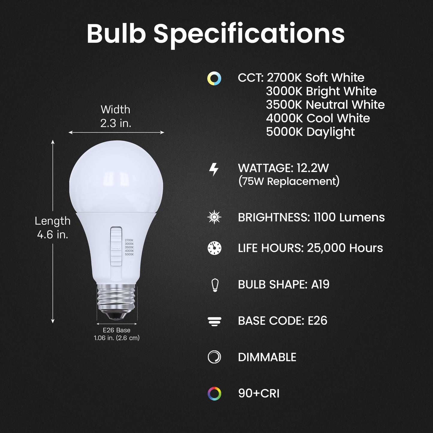 Feit Electric A21 LED Light Bulb, Adjustable White 2700K-5000K, Dimmable, 1500 Lumens, E26 Base, 25,000-Hour Lifetime (Adjustable White, 75, Watts)