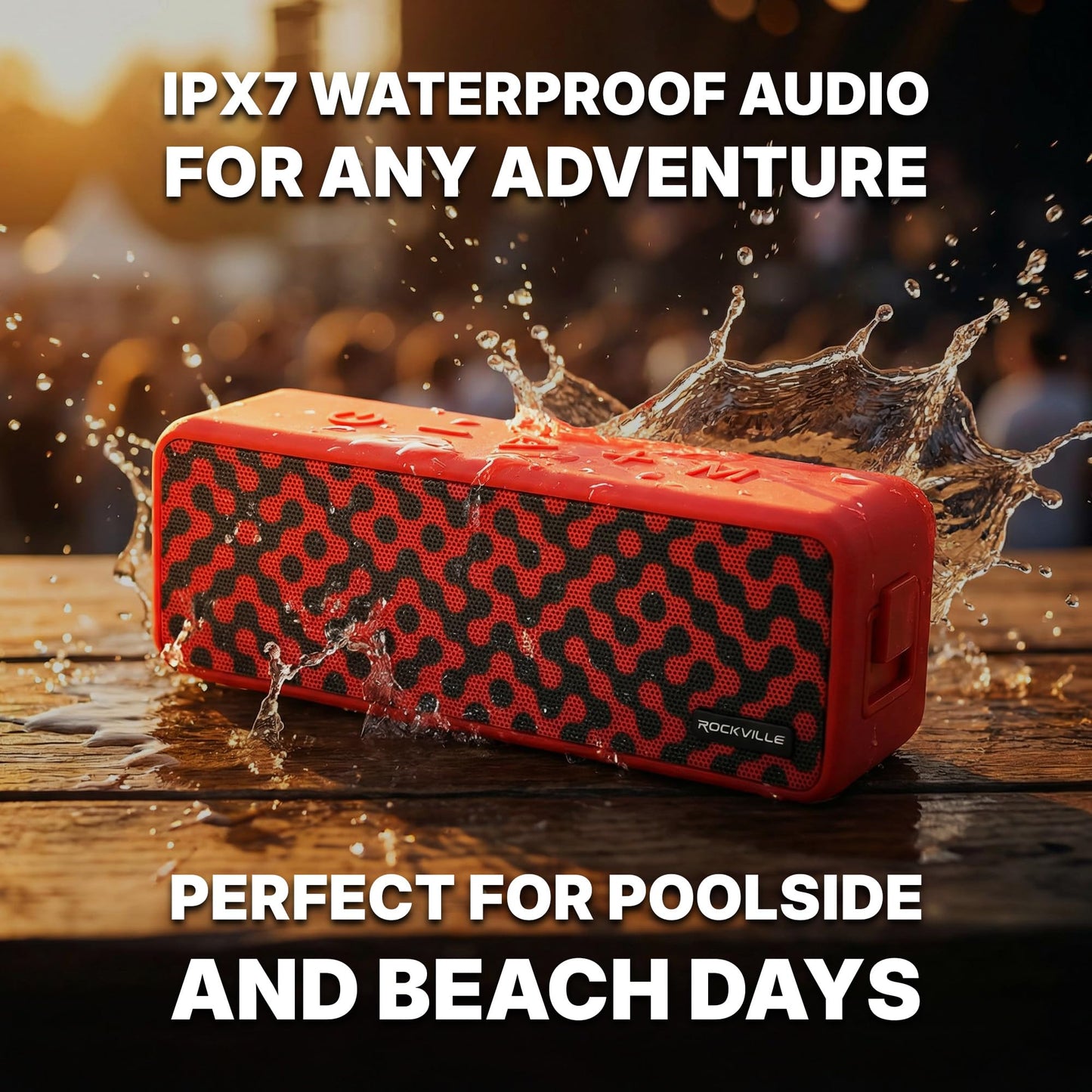 Rockville Faze Red 50W Portable Bluetooth Speaker, TWS Wireless Link, IPX7 Waterproof, 31-Hour Battery, for Outdoor and Home Audio