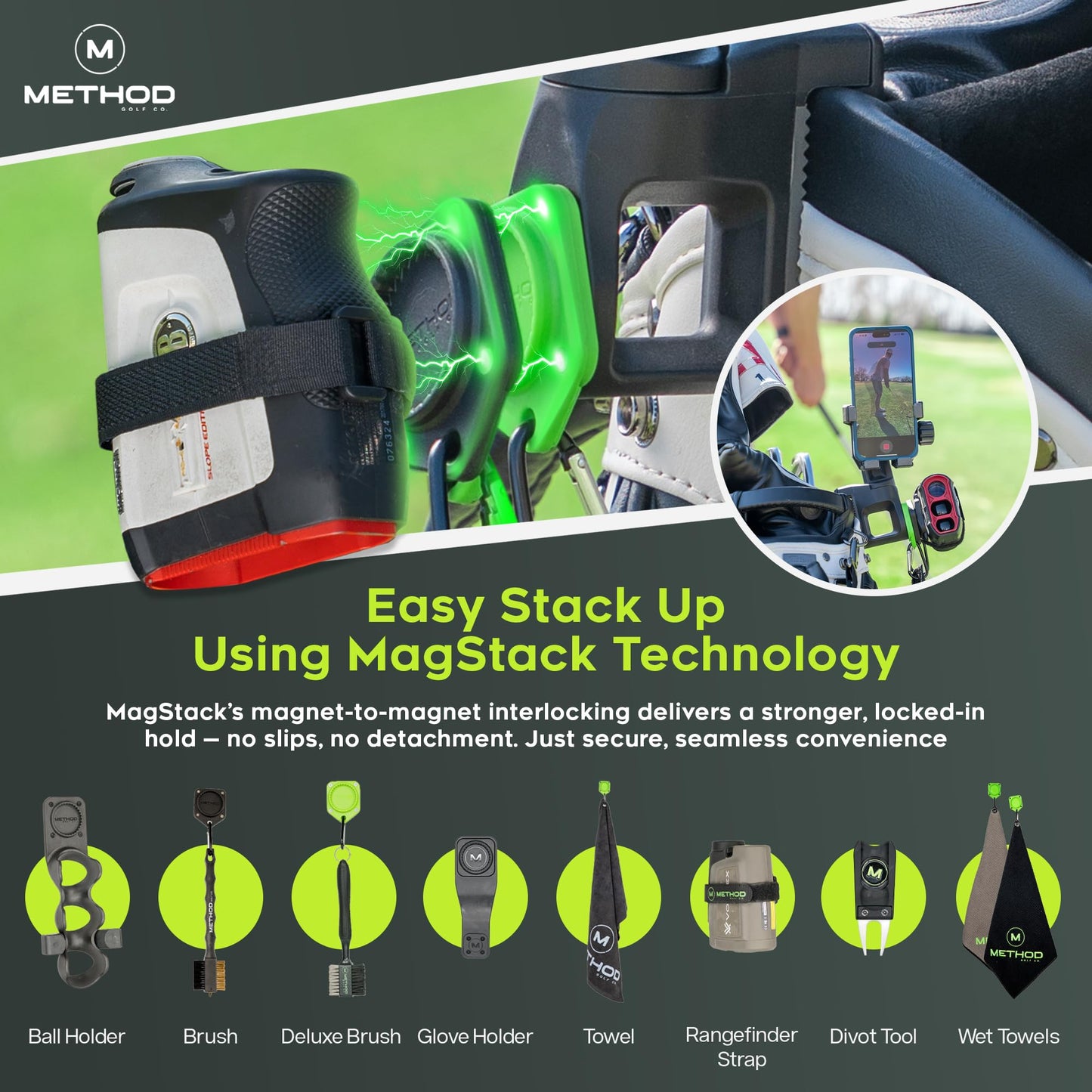 Method Golf CarryStack Golf Bag Phone Holder - Heavy Duty Magnetic Phone Mount for Most Smartphones with Magnetic Range Finder Strap- Full Rotation