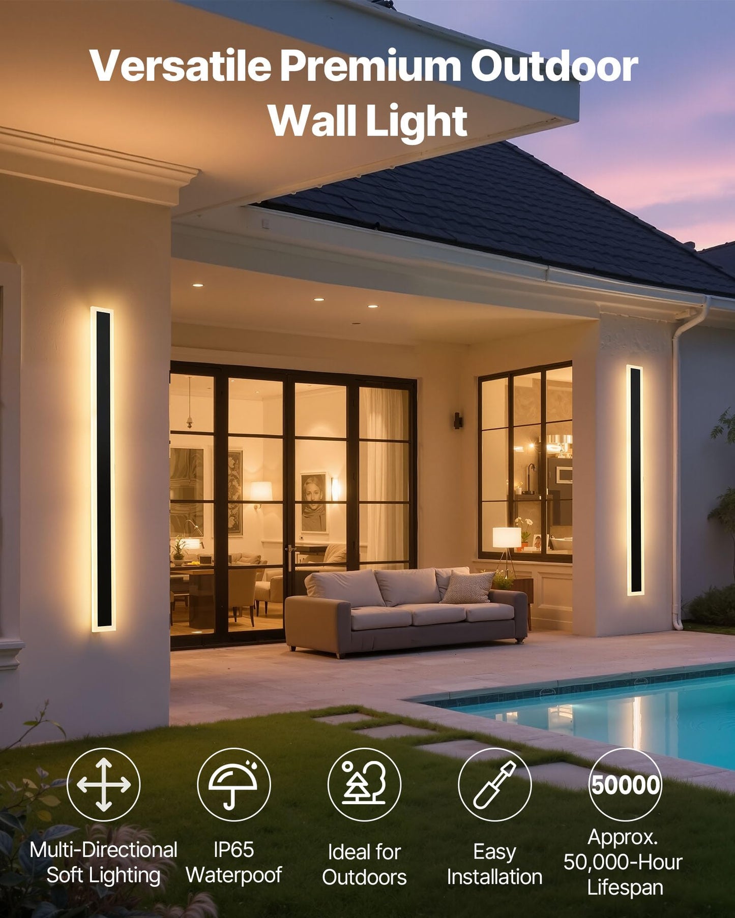 VEVOR Outdoor Wall Lights, 2 Pack, 39.4 Inch Long Strip Modern Exterior Wall Sconce Light Fixtures, 2700K-6000K, IP65 Waterproof Anti-Rust, Dimmable