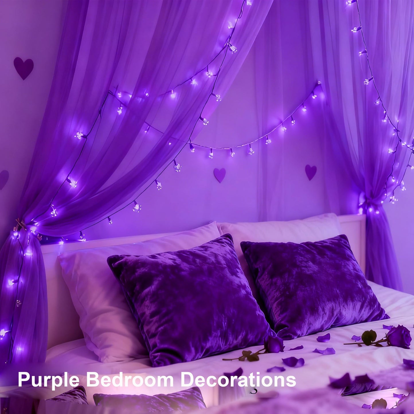 Decorative Connectable 33ft Purple Flower String Lights with 100 LEDs, Memory Function & 8 Modes. Perfect for Bedroom, Christmas, Weddings