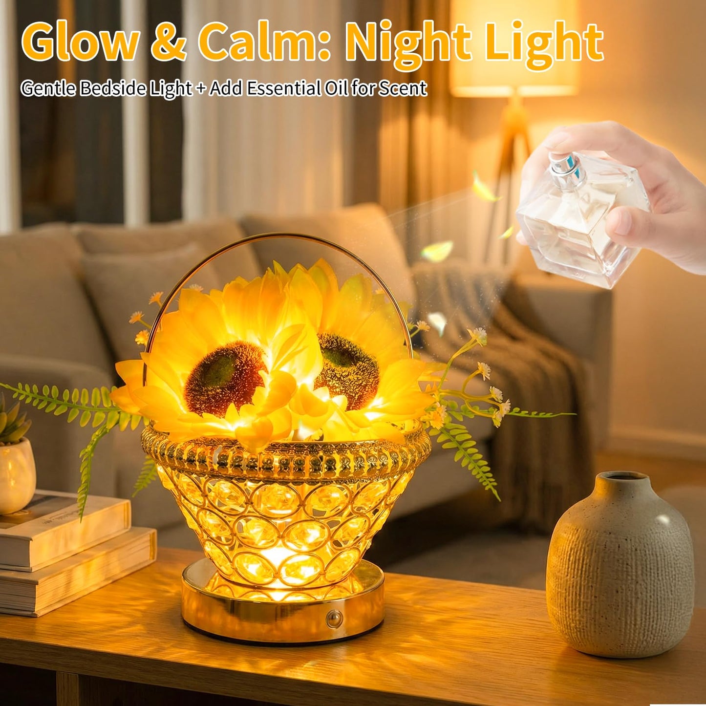 YWYWLED Pearl Sunflower Lamp - Cordless USB-Rechargeable LED Night Light with 3-Color Touch Control, 3D-Printed Flower Table Lamp, Bedroom Reading