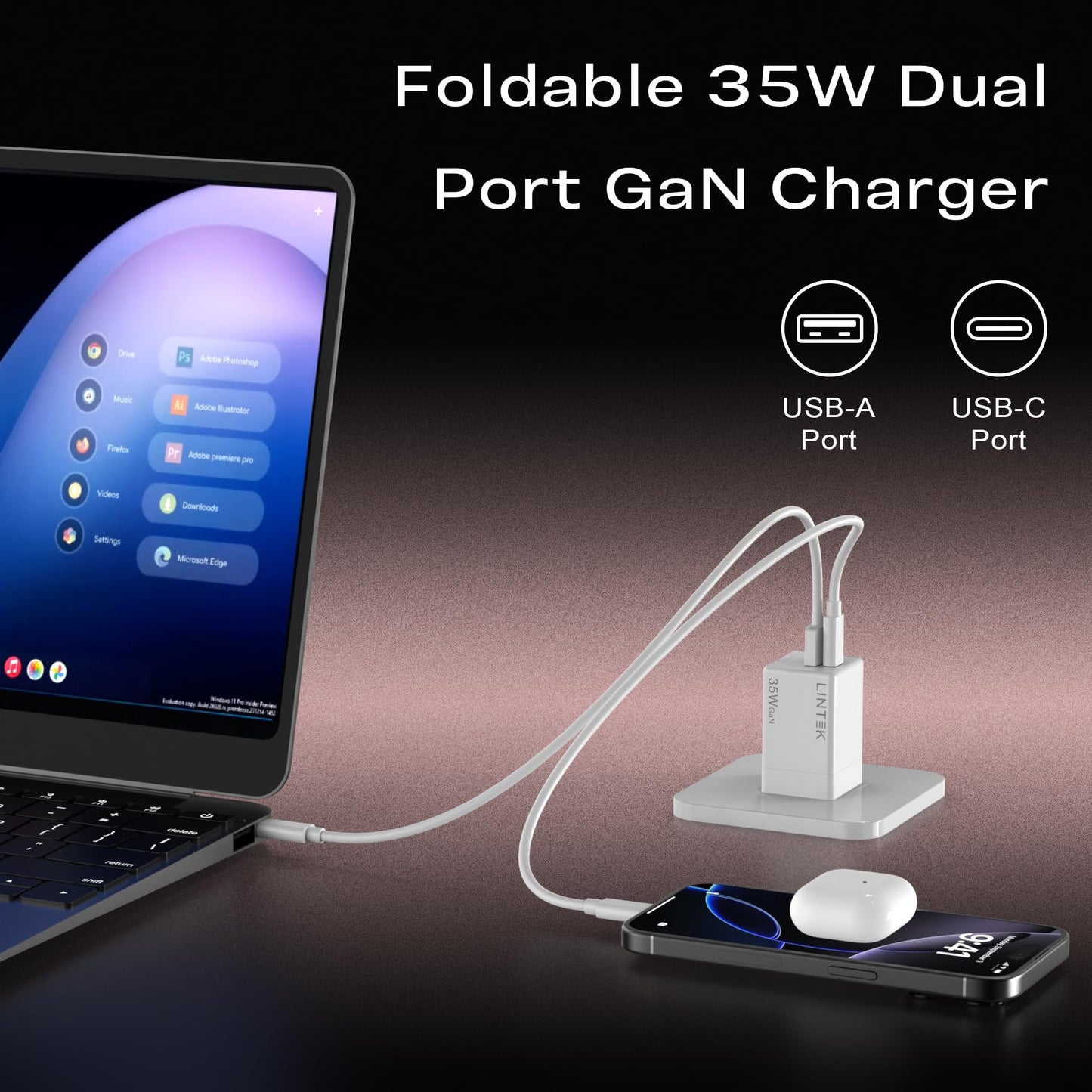 35W GaN Fast Charger Block, Foldable Dual Port USB-C & USB-A PD 3.0 Wall Adapter, Compact Travel Charger for iPhone 17/17 Pro/17 Pro Max/17 Ultra