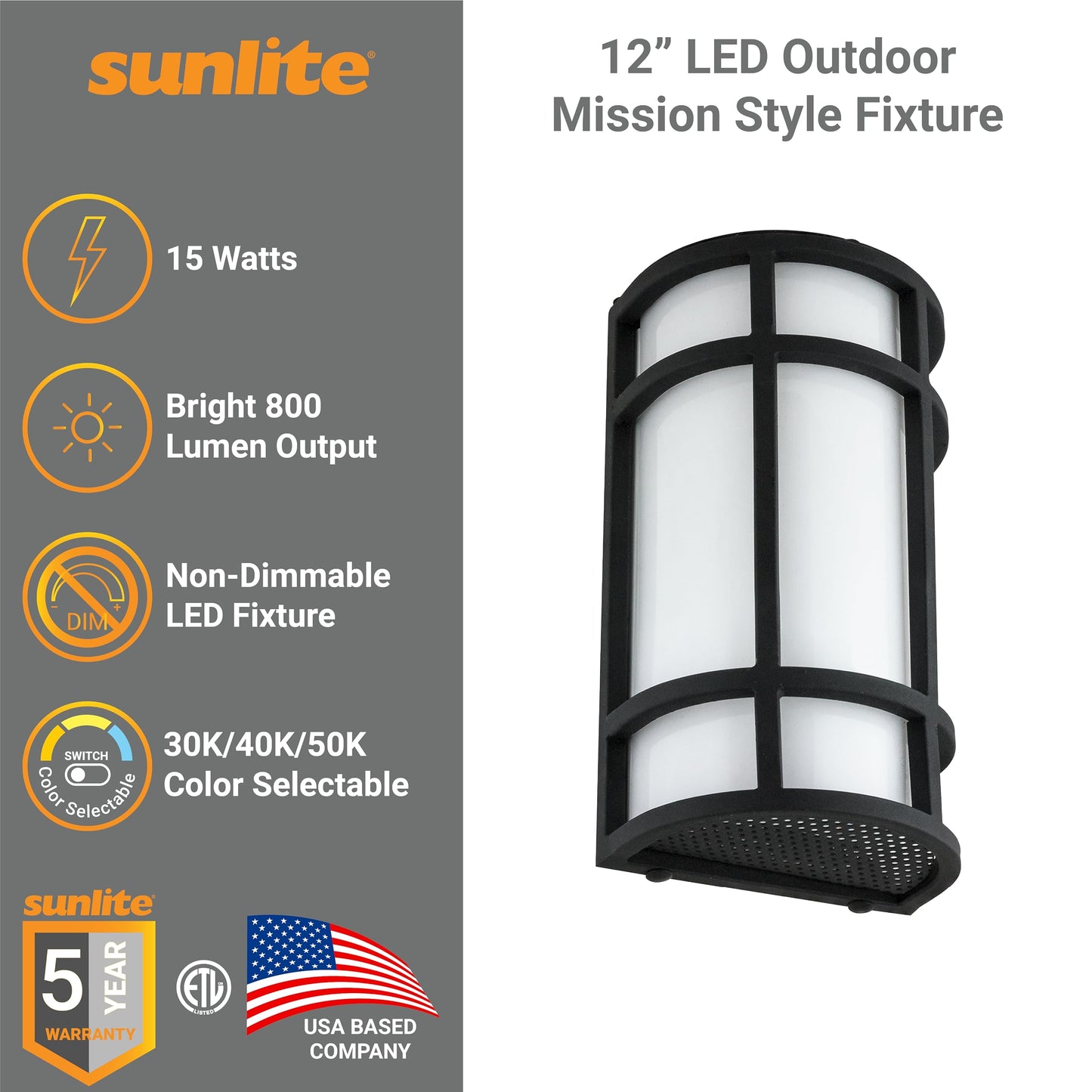 Sunlite 81434 12” LED Outdoor Mission Style Light Fixture, Half Cylinder Wall Sconce, Selectable 3 CCT 3000K-5000K, 15 Watts, 800 Lumens