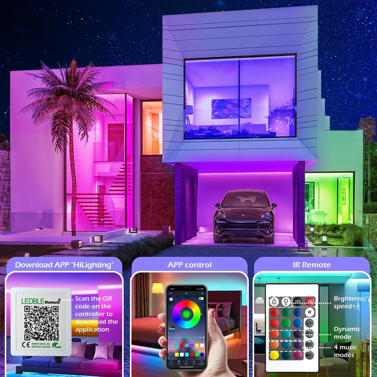 41FT Led Strip Lights,Long Smart Led Light Strips Music Sync 5050 RGB Color Changing Rope Lights,Bluetooth APP/IR Remote/Switch Box Control Led Lights
