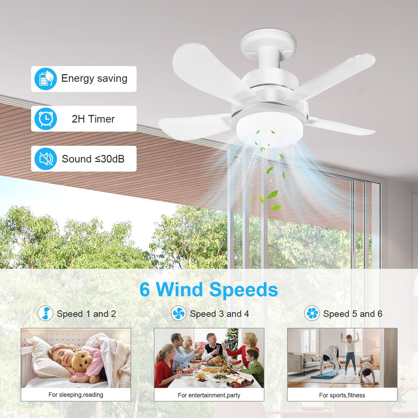 Socket Fan Light With Remote, Screw Ceiling Fans with Lights, 5 Reversible Blades, Quiet 6-Speed DC Motor, Dimmable Socket Fan for Garage Bathroom